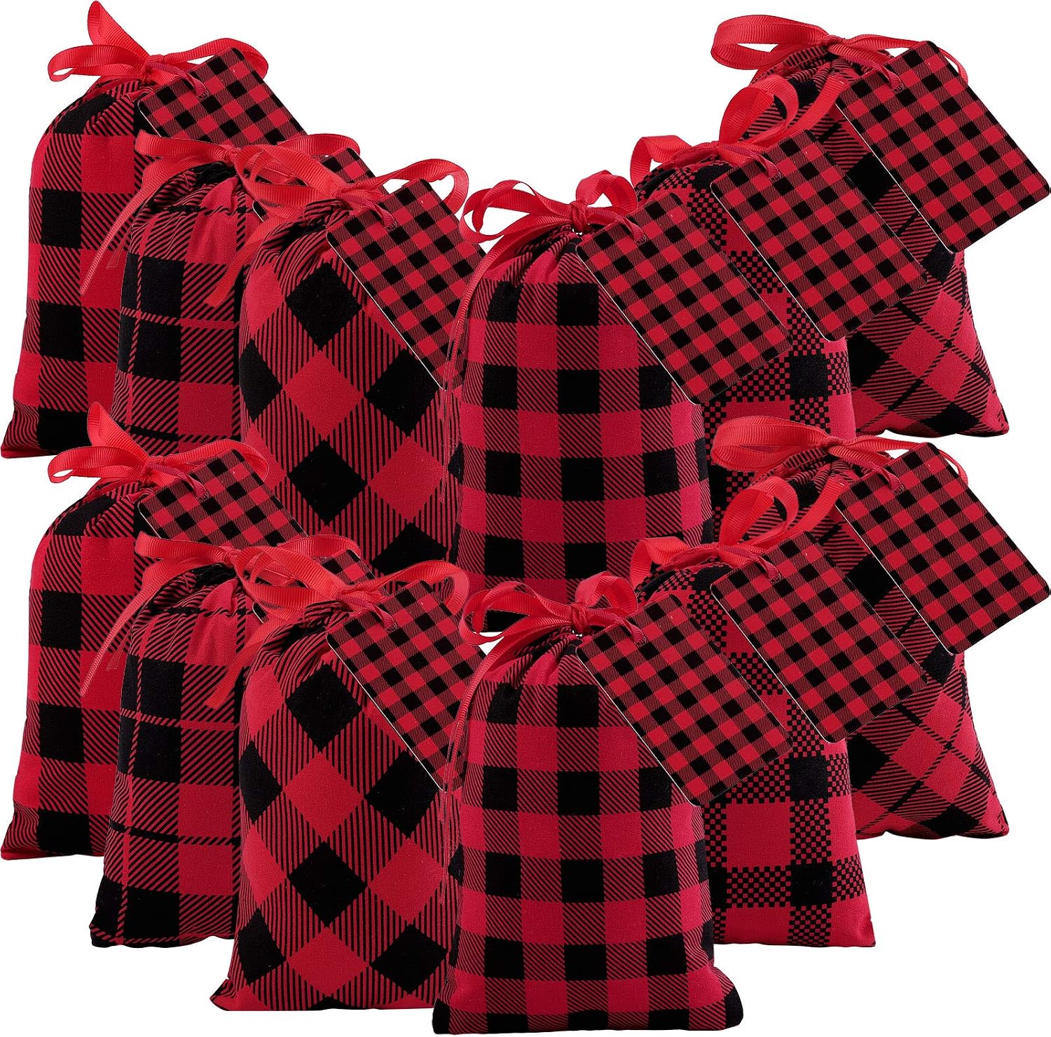Aneco 12 Pieces Mini Christmas Cotton Buffalo Plaid Red and Black Plaid Drawstring Bag 7.8 by 5.9 Inches Stocking Storage Sack Xmas Bag Candy Sack Party Favors Bags with 20 Christmas Tags