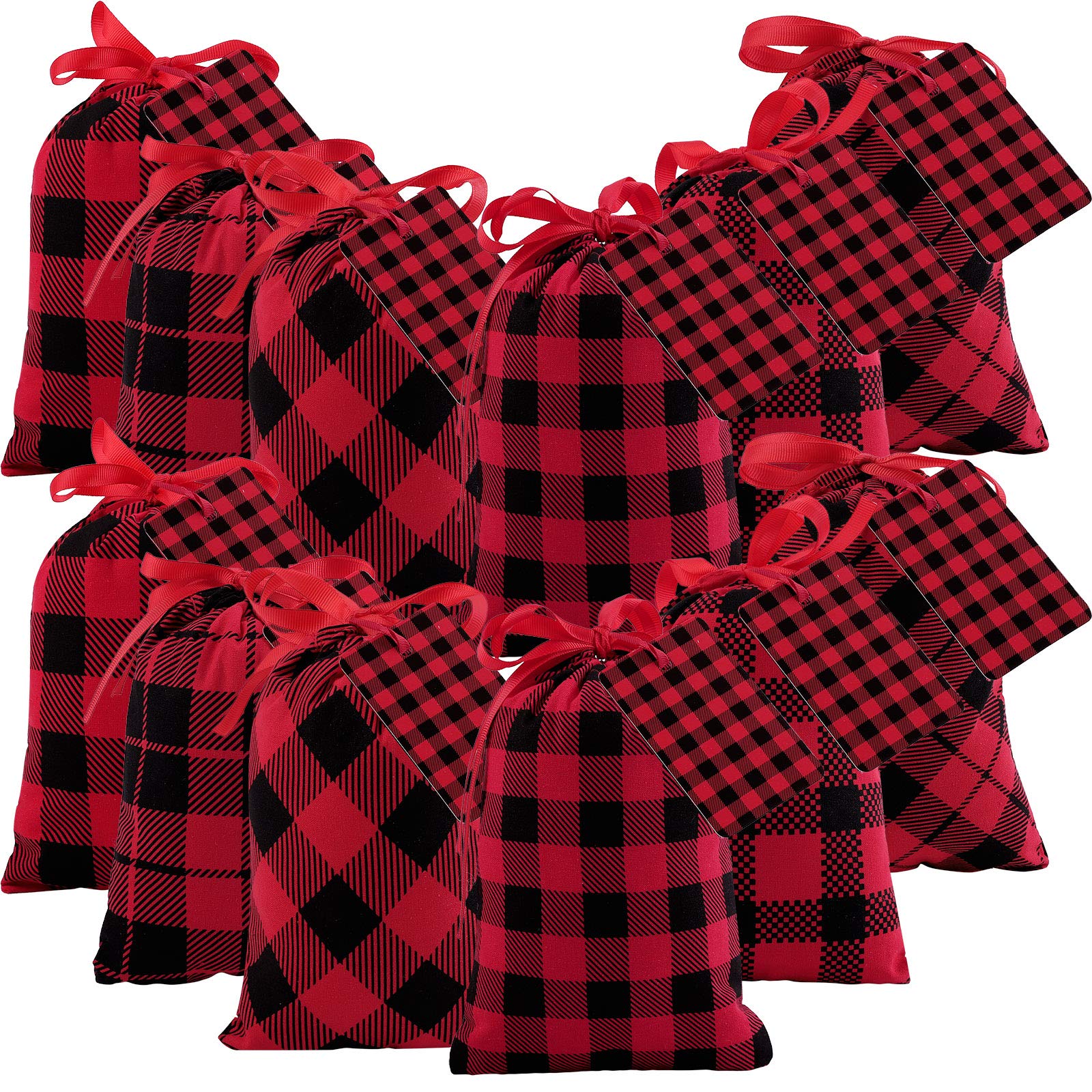 Aneco 12 Pieces Mini Christmas Cotton Buffalo Plaid Red and Black Plaid Drawstring Bag 7.8 by 5.9 Inches Stocking Storage Sack Xmas Bag Candy Sack Party Favors Bags with 20 Christmas Tags