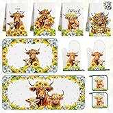 Vetoxka 10 PCS Highland Cow Decor Kitchen Accessories - Sets 4 Dish Towels 2 Pot Holders 2 Oven Mitts 2 Rugs for Home Sweet Home Sunflower Cattle Bathroom Cooking Farmhome Housewarming Baking Gifts
