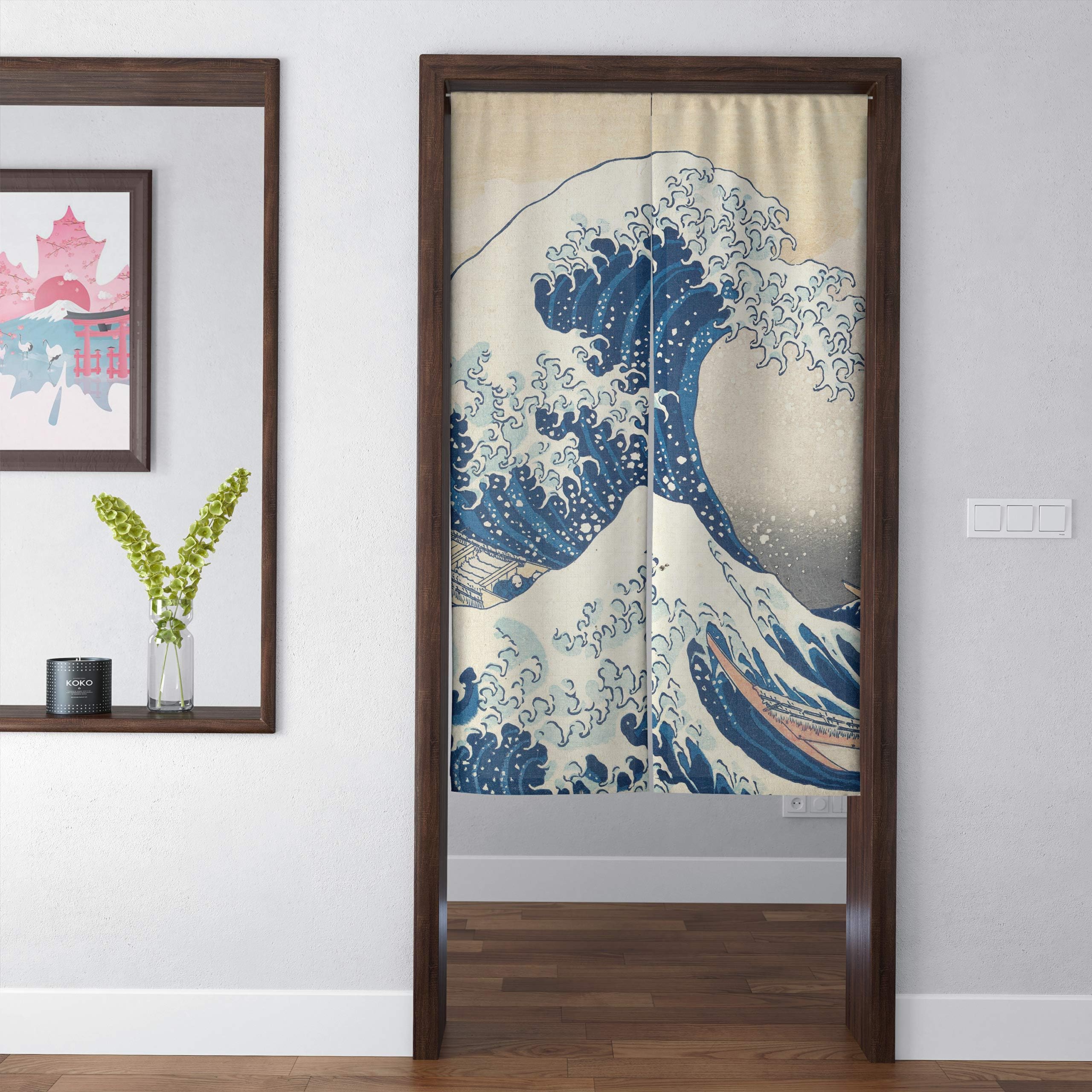 Spanker Space Blue Retro Famous Japanese Artistic Painting The Great Waves of Katsushika Hokusai Fengshui Door Curtain for Home Kitchen Door Decor Natural Cotton Linen 34x59 inches