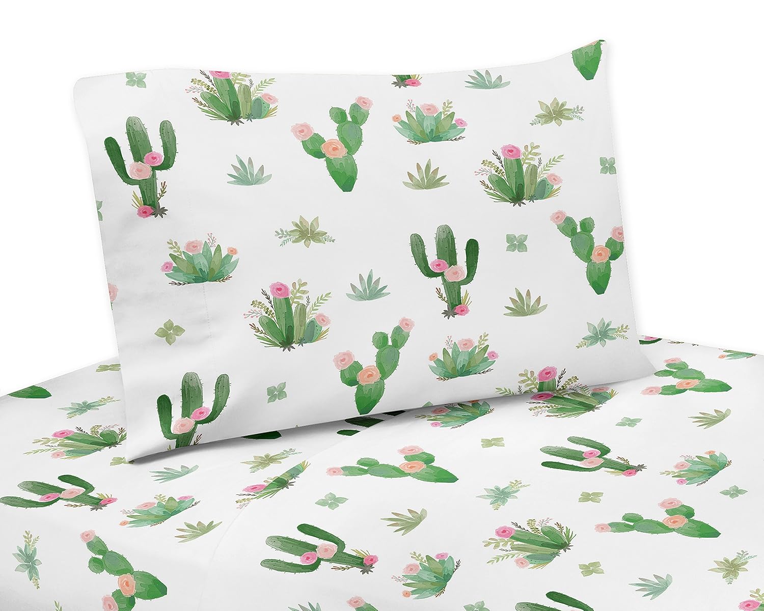 Pink and Green Boho Watercolor Twin Sheet Set for Cactus Floral Collection - 3 piece set