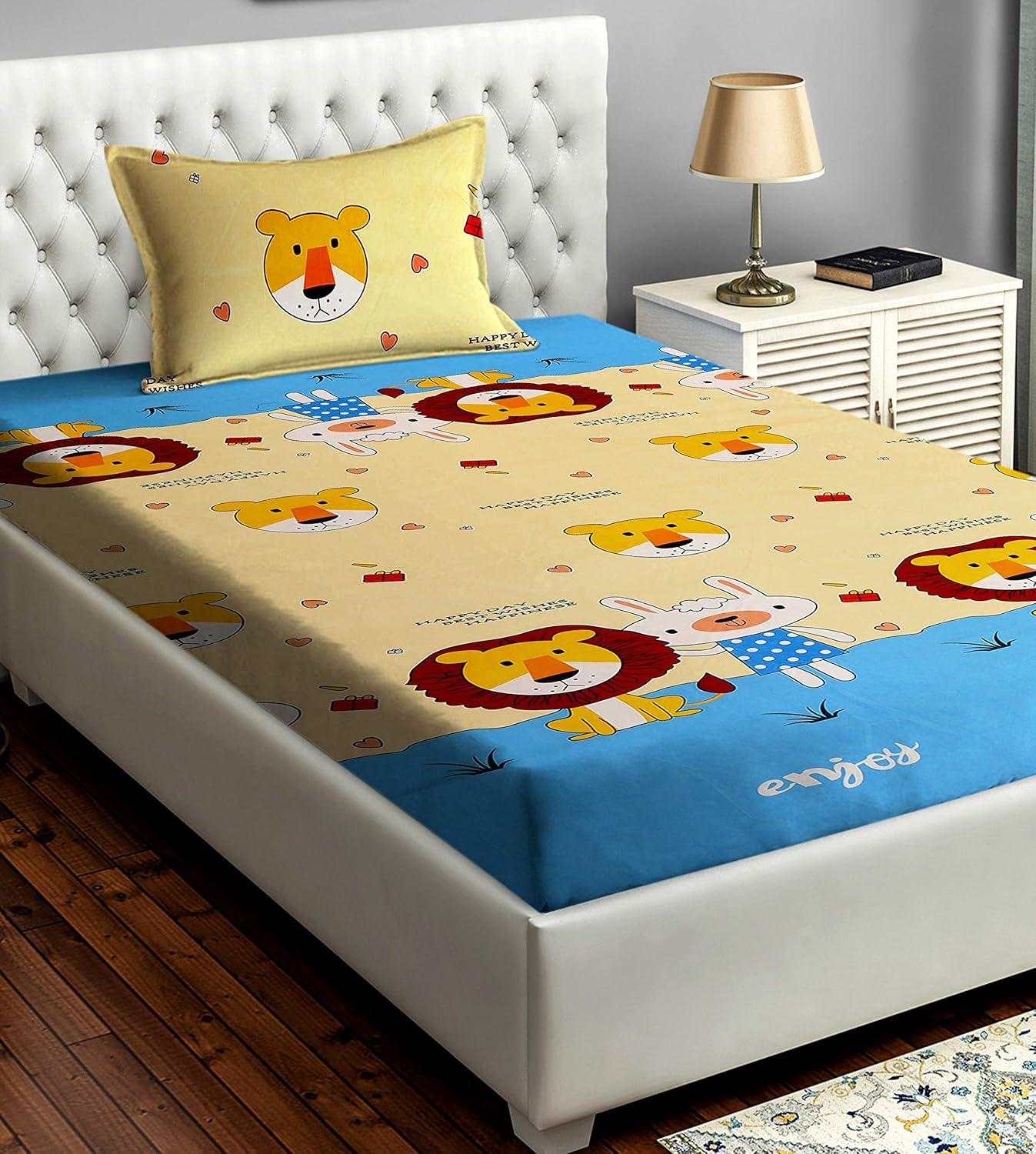 VAS COLLECTIONS® Kids Bedsheet 160 TC Lion & Rabbit Print Single
