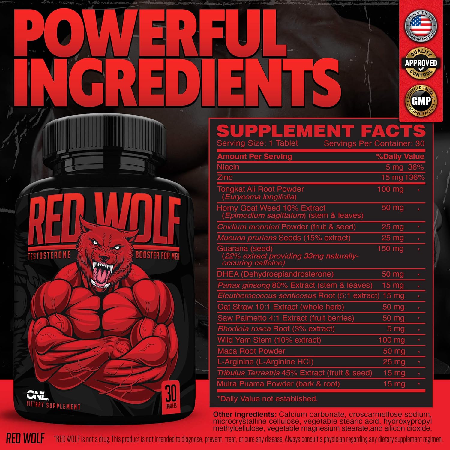 Red Wolf Testosterone Booster for Men - Enlargement Supplement - Ultimate Mens High Potency Endurance, Drive, and Strength Booster - Osyris Nutrition Lab - 1 Month Supply - Made in USA: Health & Personal Care