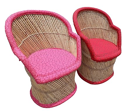 PatioStack Bamboo Leather Handicraft Outdoor Rattan & Wicker Sitting Chairs Furniture Set for Garden / Terrace / Lawn / Balcony / Restaurant / Cafe / Living Room / Drawing Room [ 2 Red & Pink Chairs, Size :18*18*34 ]