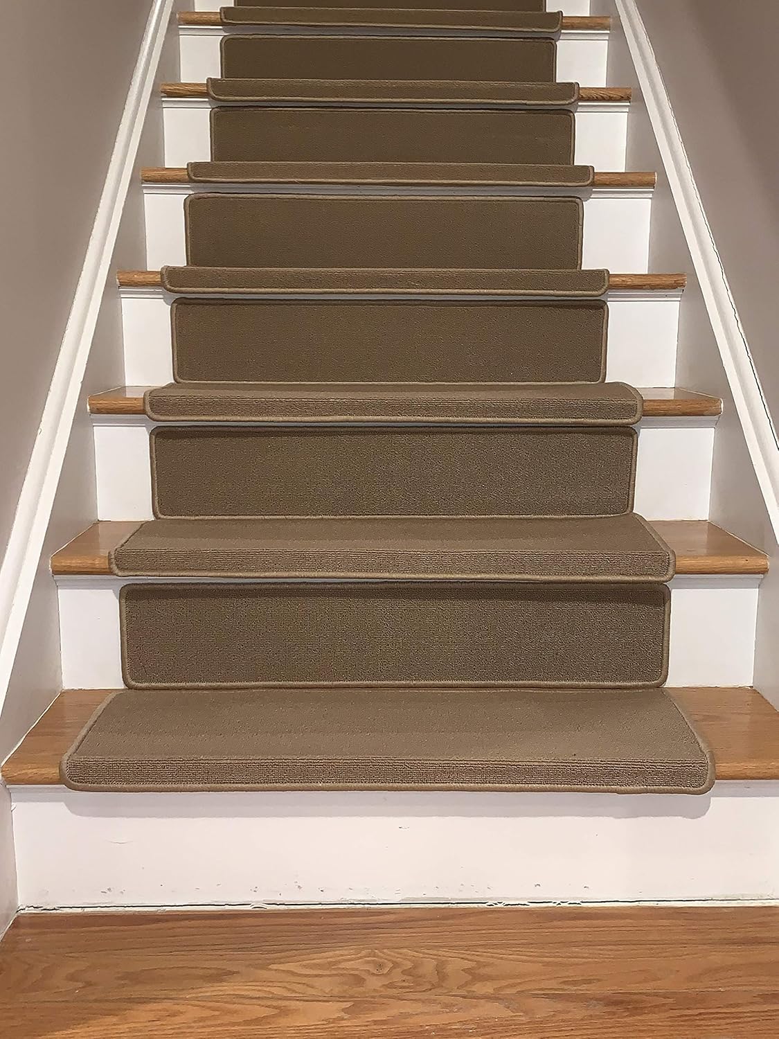 Bullnose Indoor Skid Slip Resistant Carpet Stair Treads with 6 inch Riser Tread and Adhesive Strips (10 ½ inch x 30 inch) (Beige, Set of 13)