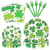 PhyLence 100 Pcs St. Patrick’s Day Tableware Party Supplies – Disposable Shamrock Dinnerware Set with Paper Plates, Napkins, and Forks for Irish Party, St. Paddy’s Day Celebrations – Serves 25