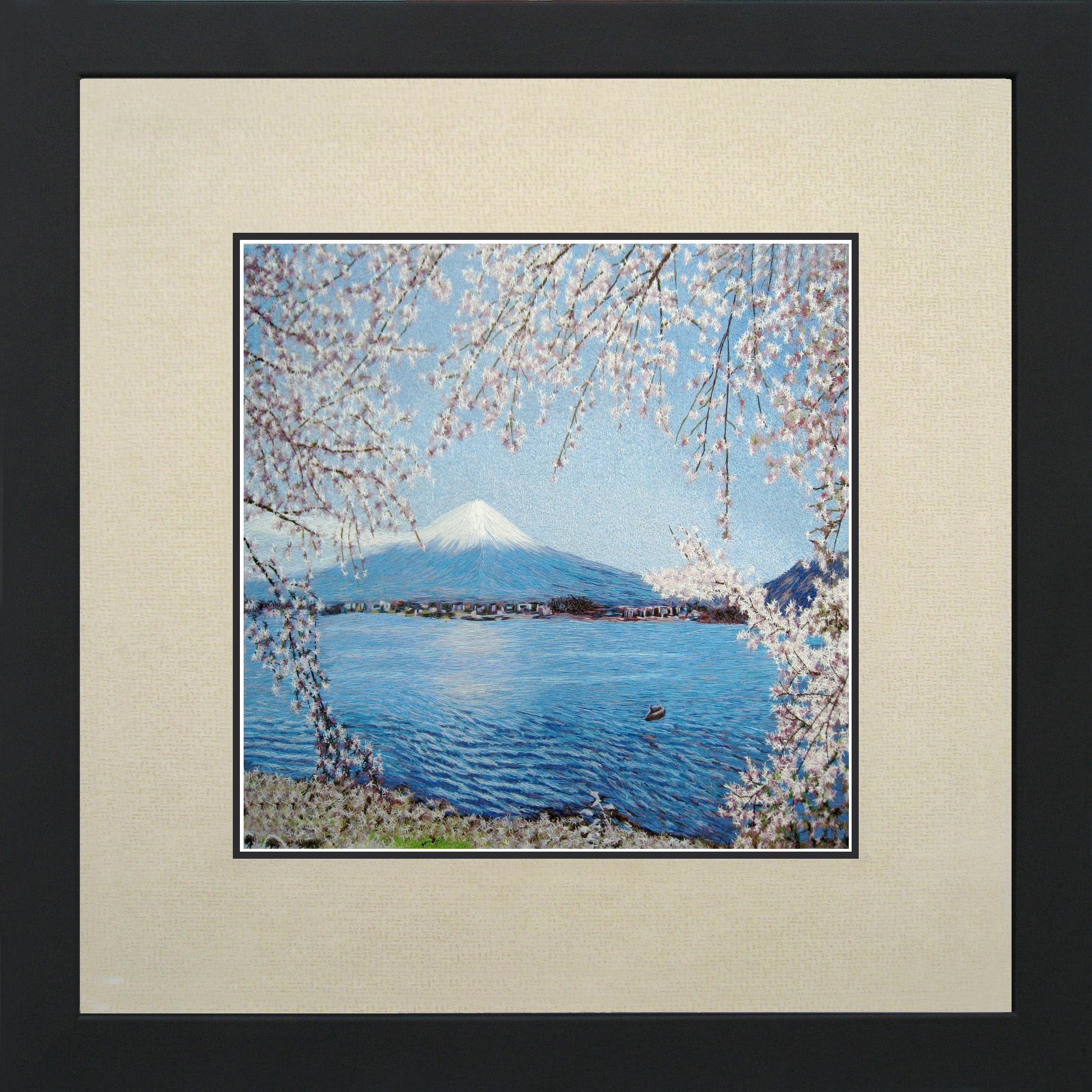 King Silk Art Susho, 100% Handmade Silk Embroidery - Fuji Mountain and Cherry Blossoms - White Mat Framed Medium Size 37082WF