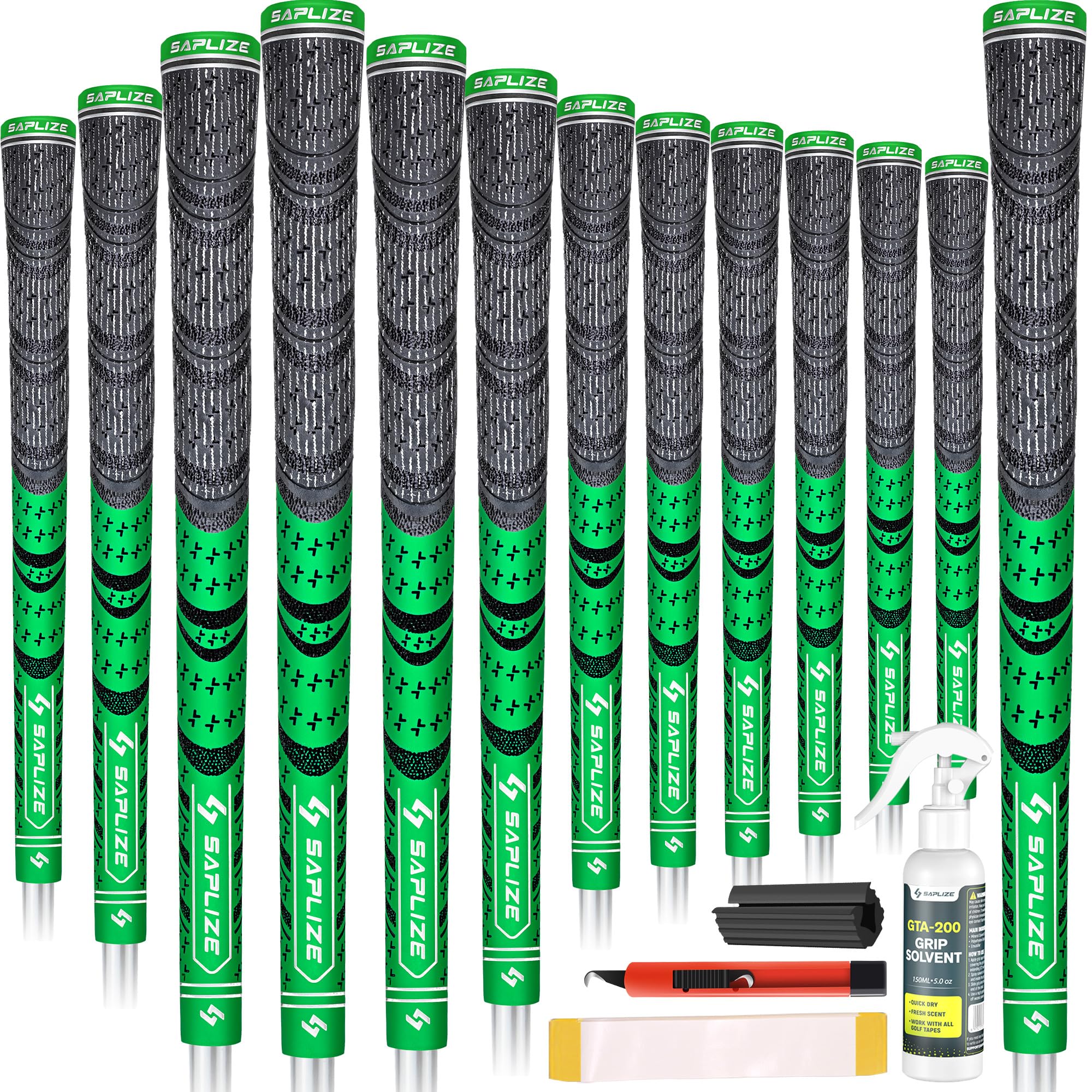 SAPLIZE Golf Grips 13 Piece with Complete Regripping Kit, Midsize, Cord Rubber, Hybrid Golf Club Grips, Fluorescent Green