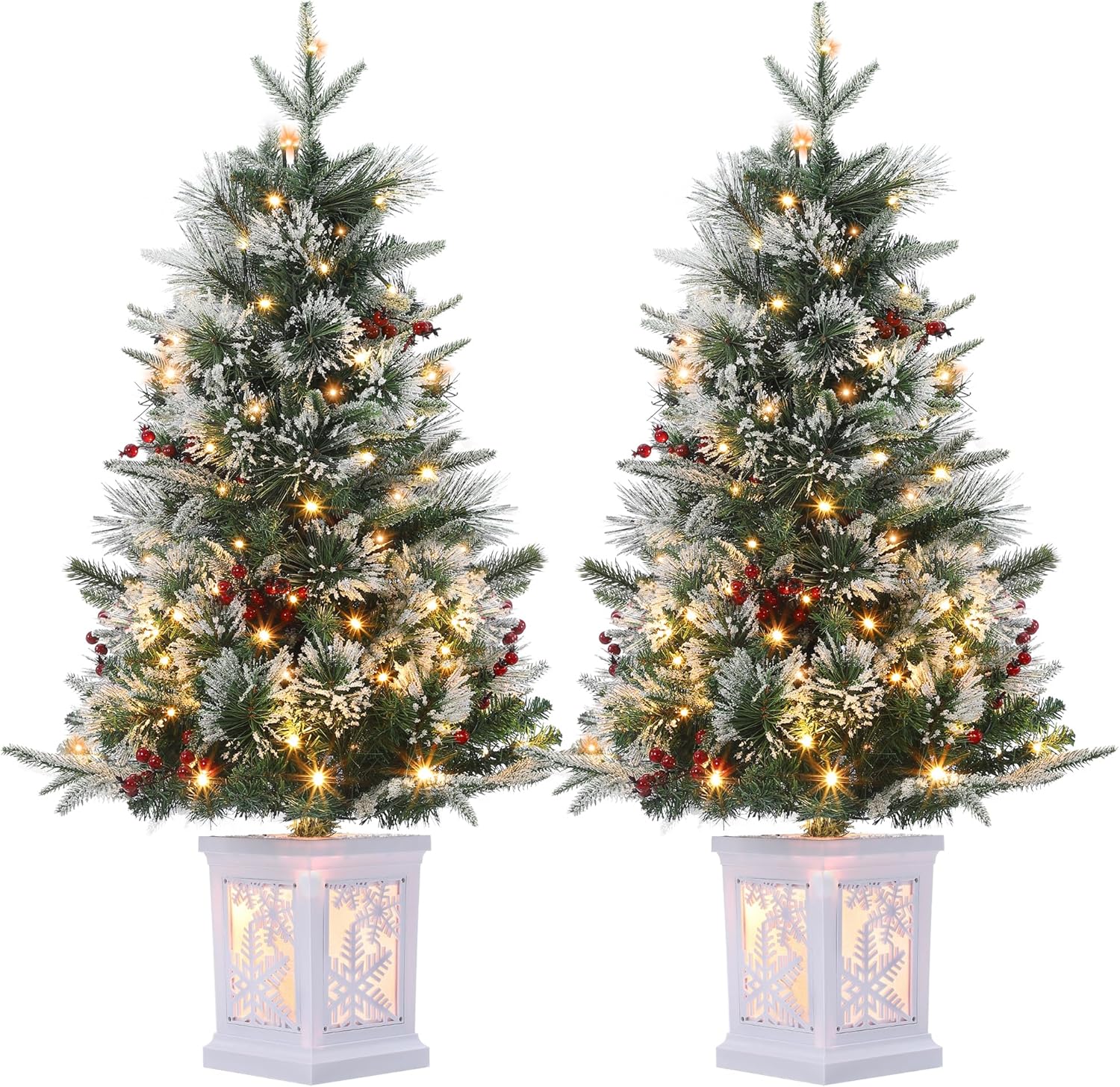 Trees - 3 Ft Pre-Lit Christmas Tree, 2 Set Artificial Christmas Trees with Lighting Snowflake Base, Snow Flocked Xmas Trees with 70 LED Lights, Battery Operated and Timer Function, Christmas Decoration