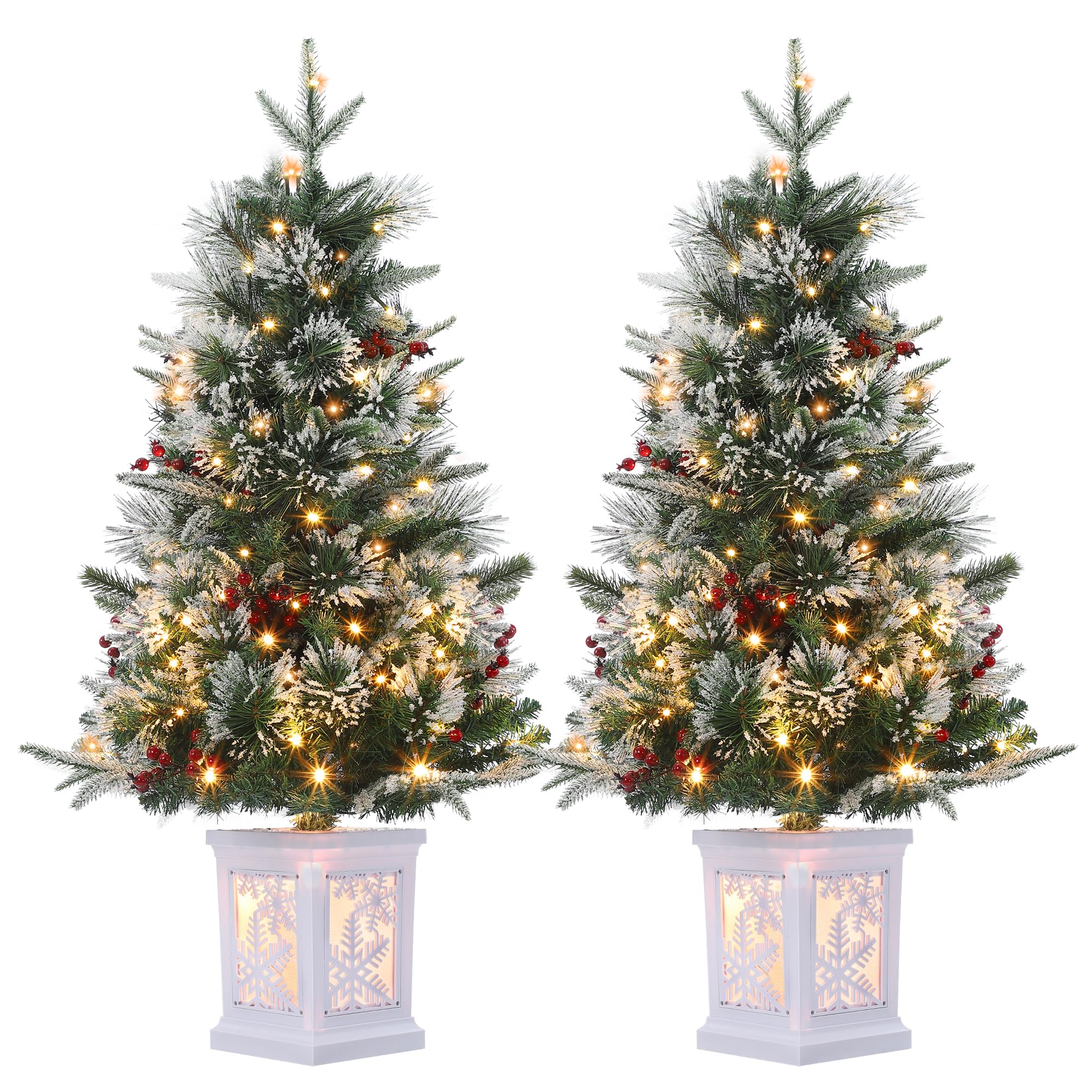 Photo 1 of ****SIMILAR ITEM ONE PIECE*****
3 Ft Pre-Lit Christmas Tree, 2 Set Artificial Christmas Trees with Lighting Snowflake Base, Snow Flocked Xmas Trees with 70 LED Lights, Battery Operated and Timer Function, Christmas Decoration