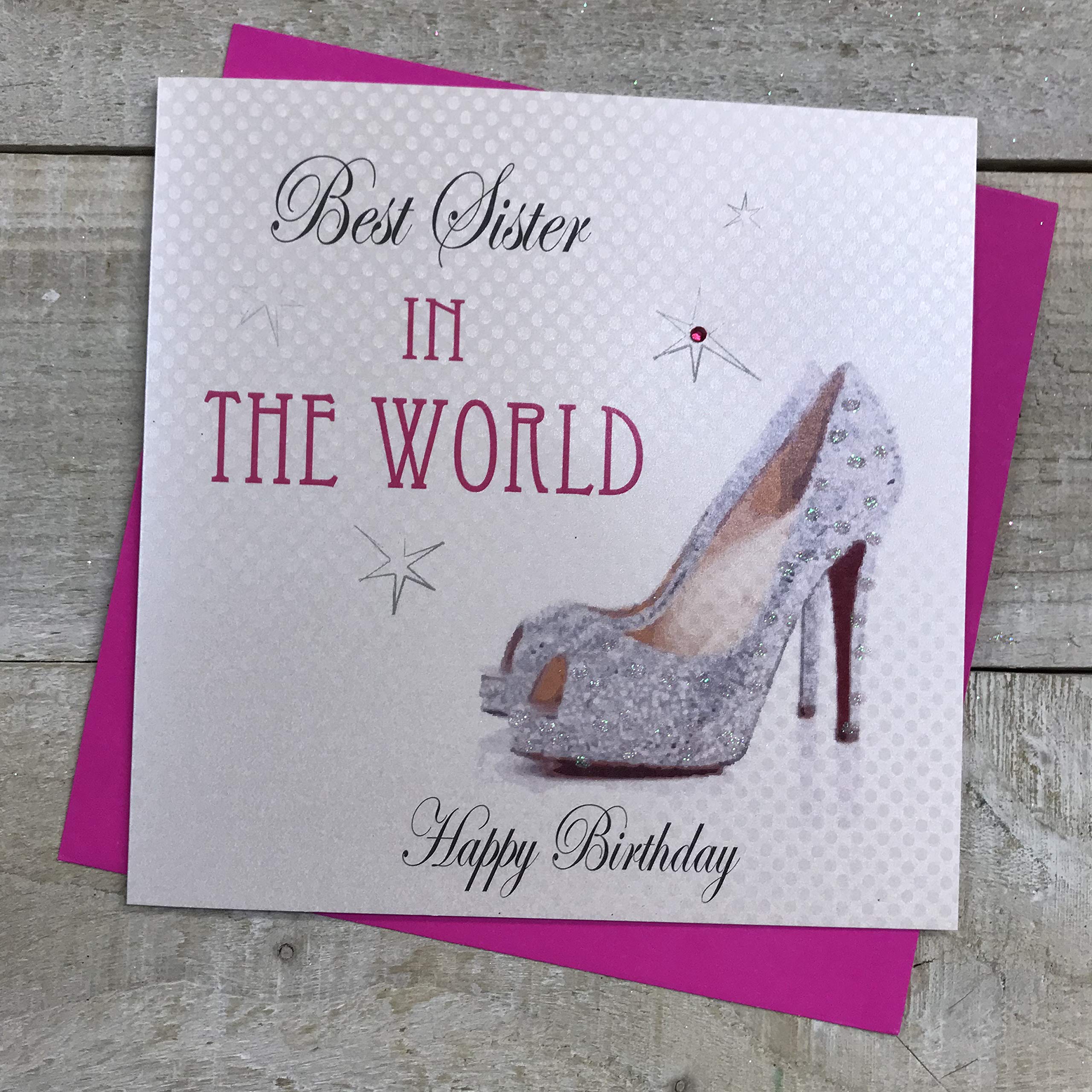 white cotton cards Best Sister in the World Happy Birthday Handmade Card with Glitter Shoe, PDT11PWORLD