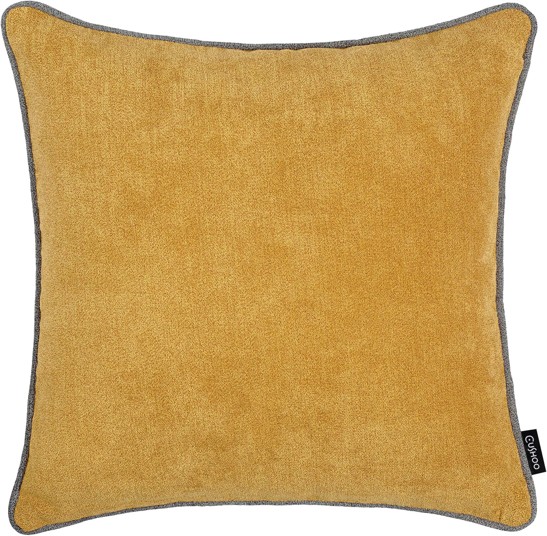 RHOOM - 'Marlow' Square Cushion Cover in Mustard Yellow with Grey Piping in Chenille Like Fabric - 45cm x 45cm, 18" x 18"