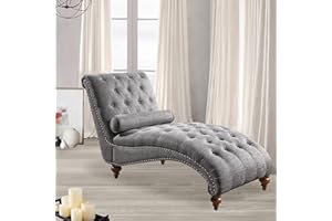 Rosevera Sereno Polyester Upholstered Button Tufting with Toss Pillow Chaise Lounge Chair for Indoor Bedroom, Standard, Linen Gray