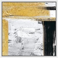 SIGNWIN Framed Canvas Wall Art Black, Gold, White Color Blocks Abstract Brushstroke Oil Painting Modern Art Chic Expressive for Living Room, Bedroom, Office - 16x16 inches