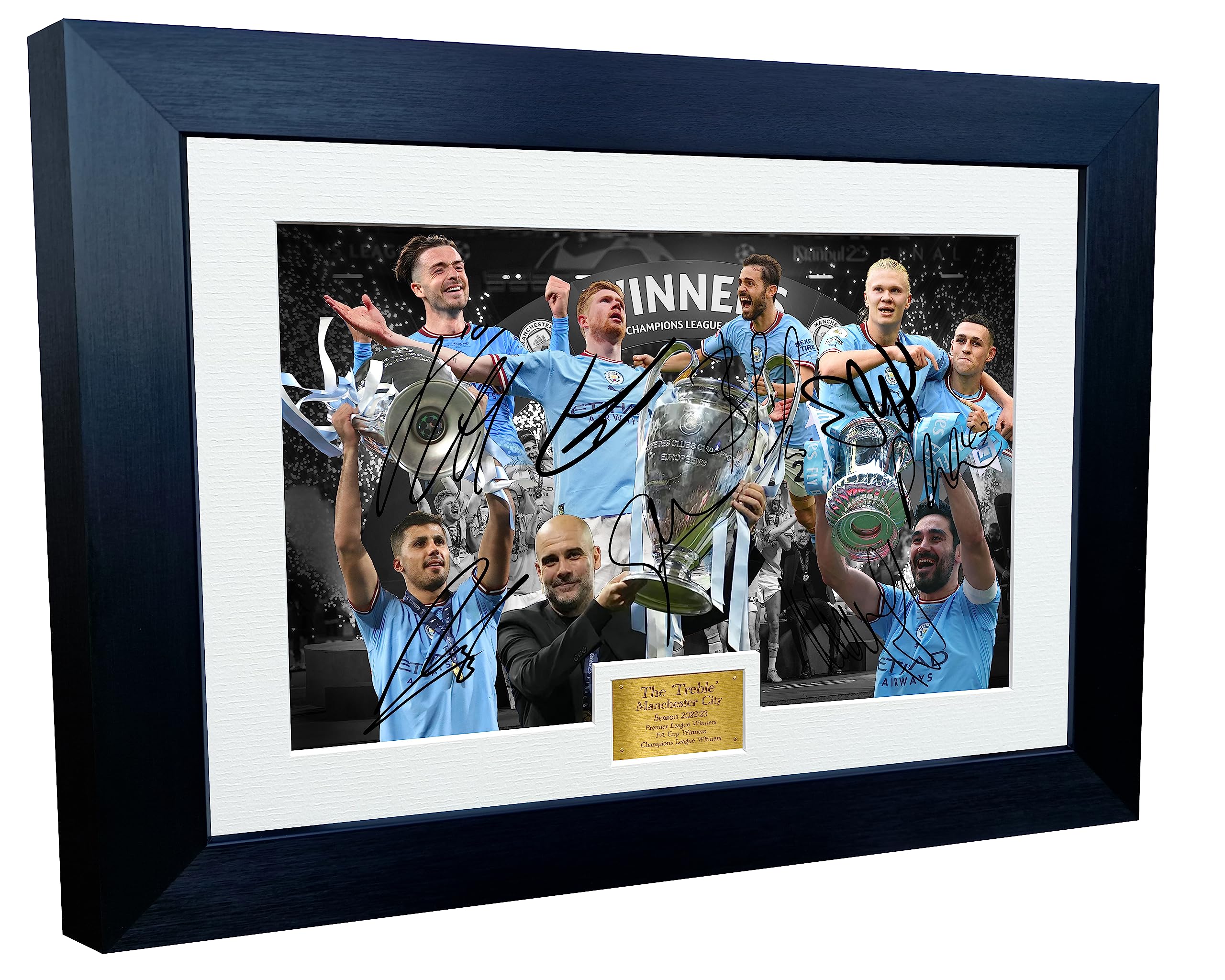 12x8 A4 Manchester City Treble 2022/23 Champions League Premier League FA Cup Grealish DeBruyne Rodri Gundogan Haaland Autographed Signed Photo Photograph Picture Frame Football Soccer Poster Gift