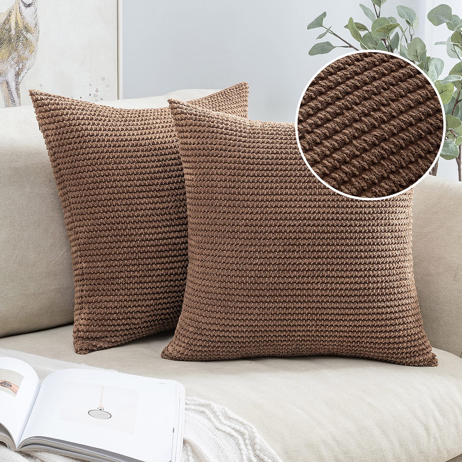 MIULEE Set of 2 Square Cushion Covers Polyester Fabric Chenille Pattern Soft Durable Comfortable Concise Decoration Pillowcase Without Pillow for Living Room, Bedroom, Sofa, Brown, 50 x 50 cm