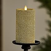 Luminara Rich Gold Glitter Ribbed Flameless LED Candle Moving Flame Pillar, Real Wax, Flat Top, Timer (3.25" x 6.5")