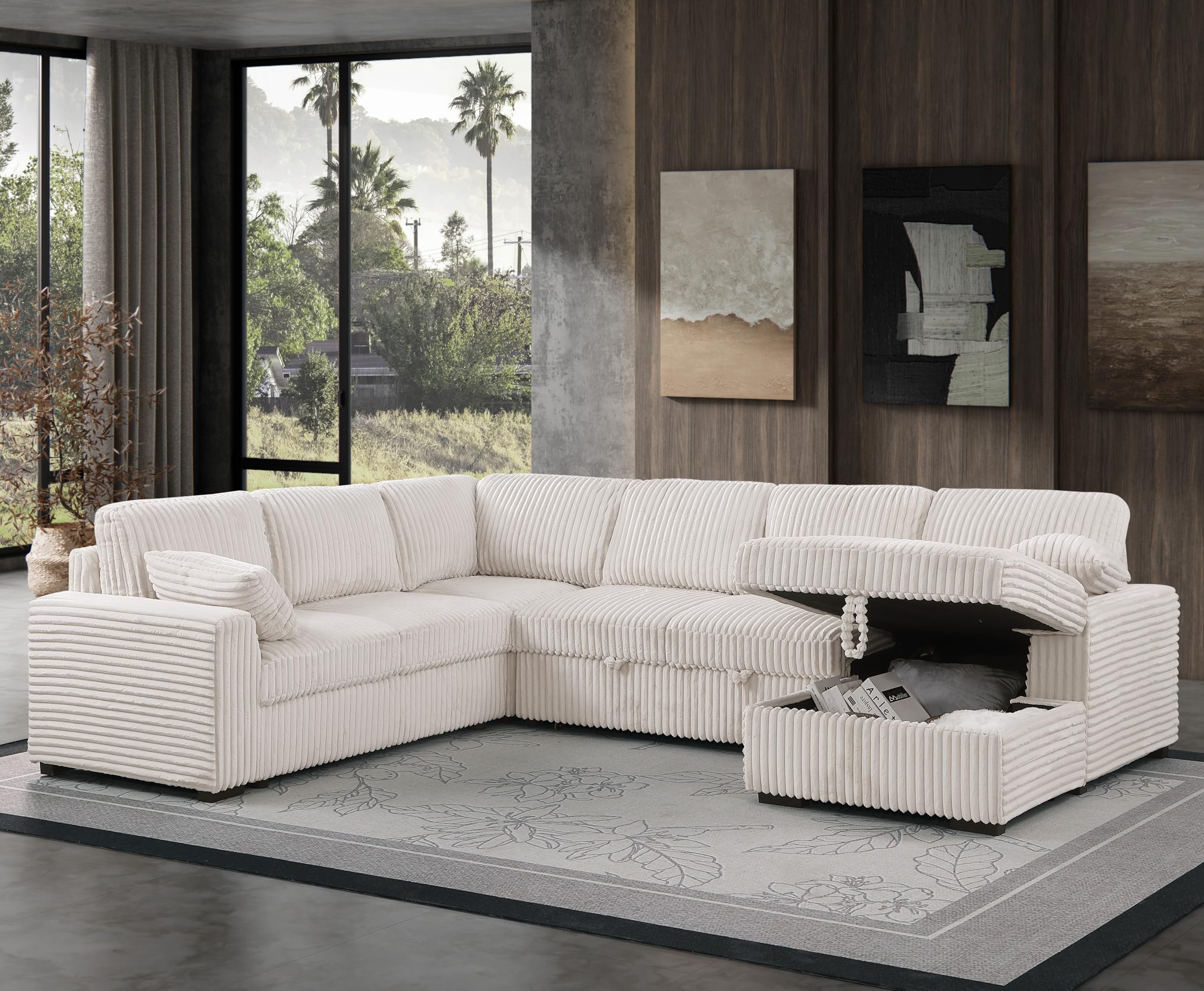 Photo 1 of ** DIRTY AND SOME DAMAGE** Oversized U Shaped Sleeper Sectional Sofa Pull Out Couch Bed for Living Room 6 Seater Plush Corduroy Upholstered Convertible Lounge Sofabed with Right Storage Chaise and Throw Pillows for Home Office