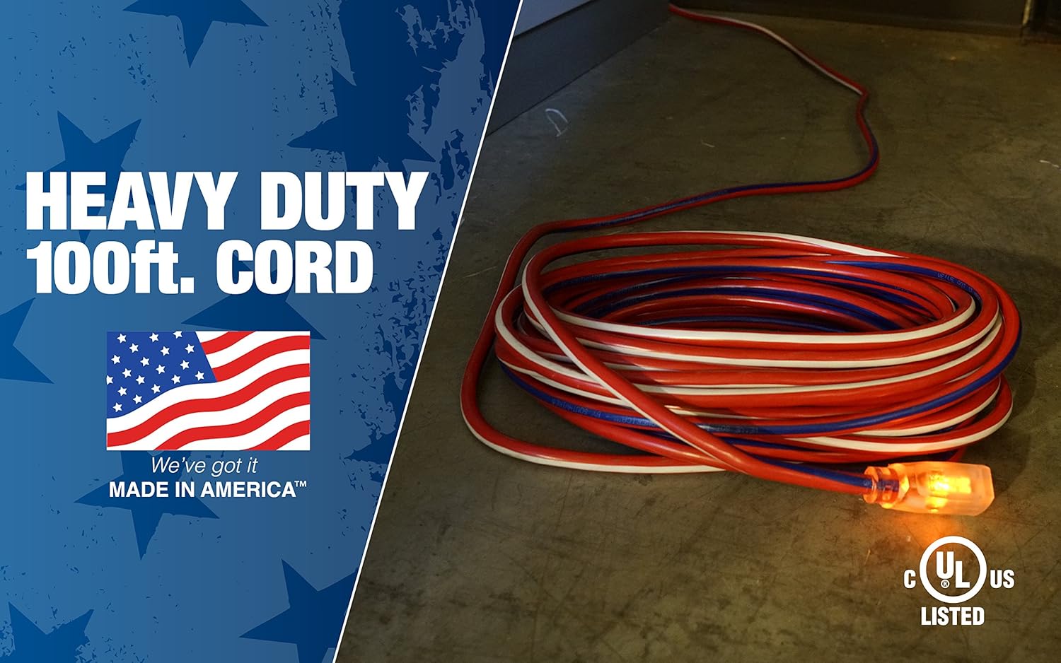 Southwire 2549SWUSA1 100-Feet, Contractor Grade, 12/3 Extension Cord, With Lighted End; Red White And Blue, American Made Extension Cord, Indoor and Outdoor Use, Water Resistant Flexible Jacket - Outdoor Extension Cord - 
