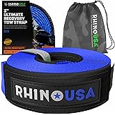 Rhino USA Recovery Tow Strap (3in x 30ft) - 31,518lb Heavy Duty Towing | 31,518lb Break Strength Emergency Tow Strap, Extended 30ft Length. For Truck, UTV, ATV &amp; Jeep Offroad Recovery. Blue