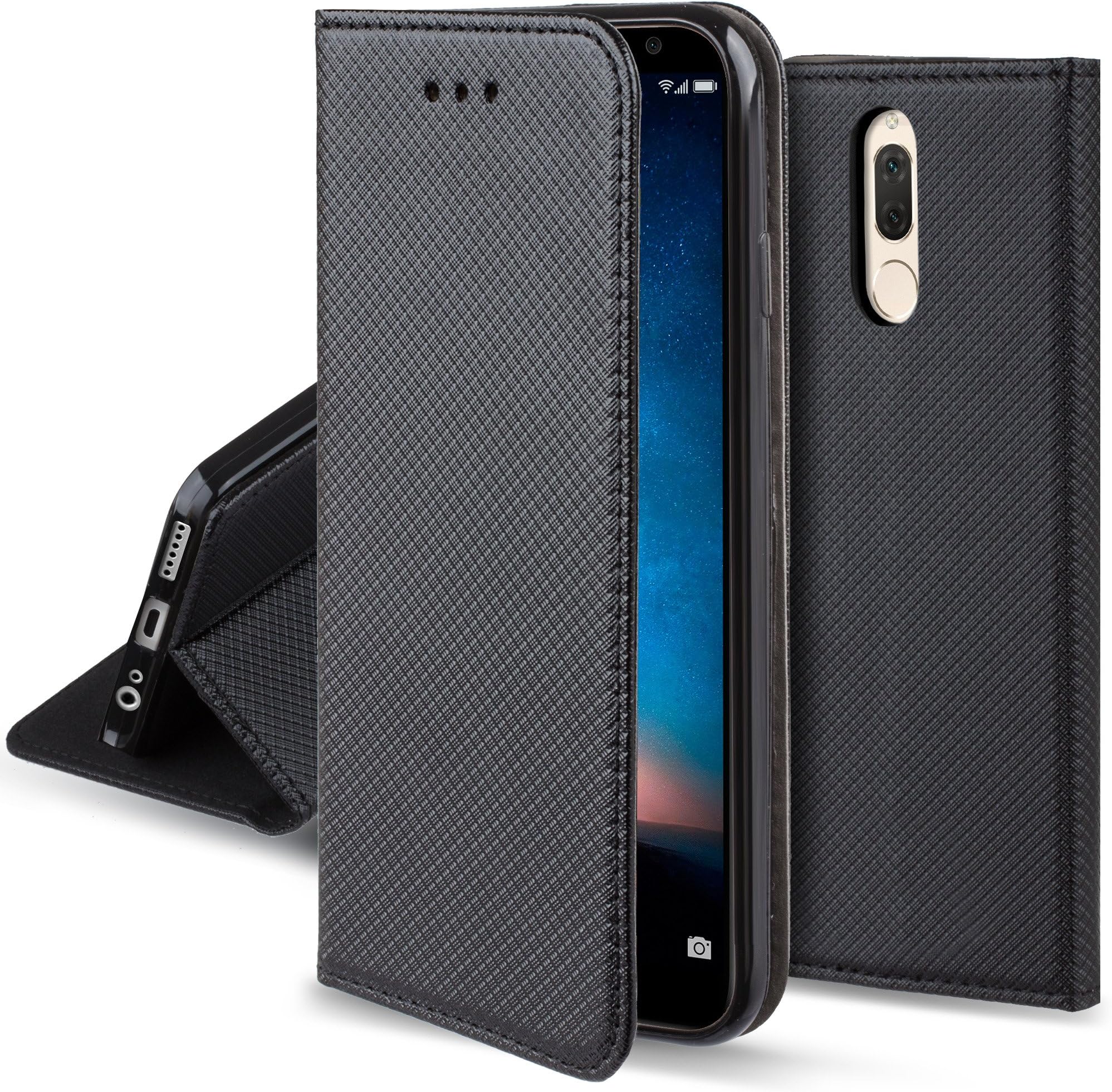 Moozy Case Flip Cover for Huawei Mate 10 Lite, Black - Smart Magnetic Flip Case Flip Folio Wallet Case with Card Holder and Stand, Credit Card Slots, Kickstand Function