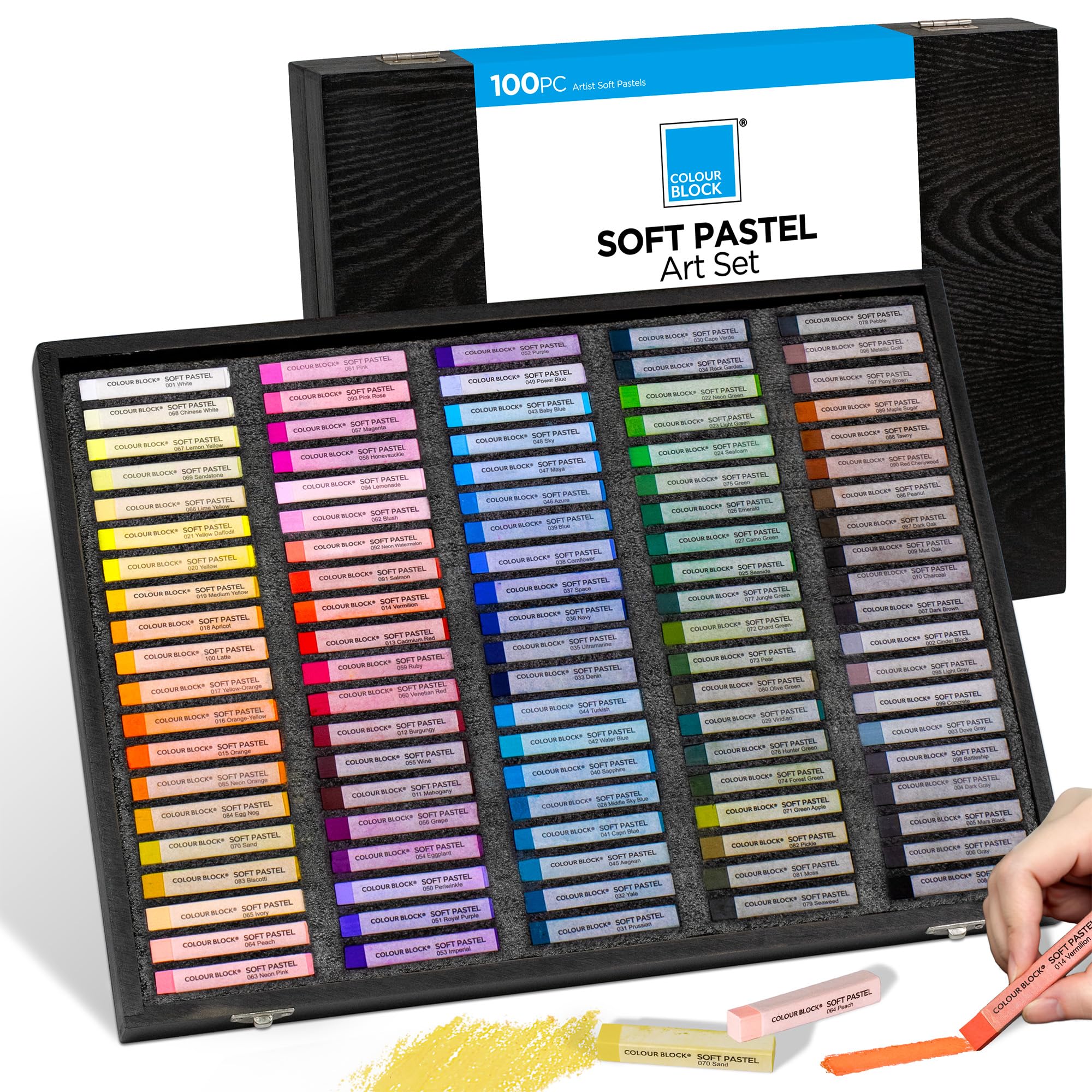 COLOUR BLOCK Soft Pastels for Artists - 100 Colors Square Chalk Pastels Set in Wooden Box - Vibrant Pigments Art Kit for Painting, Drawing, Sketching, Hobbyists, Students and Kids.