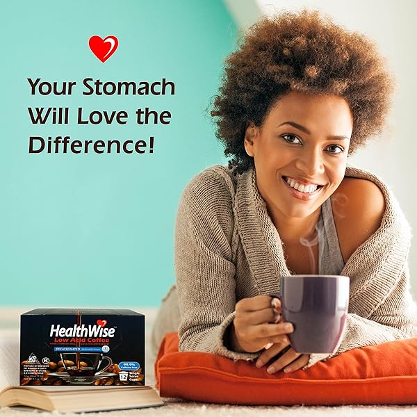 HEALTHWISE LOW ACID UNFLAVORED DECAF, CHEMICAL FREE SW PROCESS, 99.9% CAFFEINE FREE, MEDIUM ROAST – 12 COUNT (PACK OF 1)