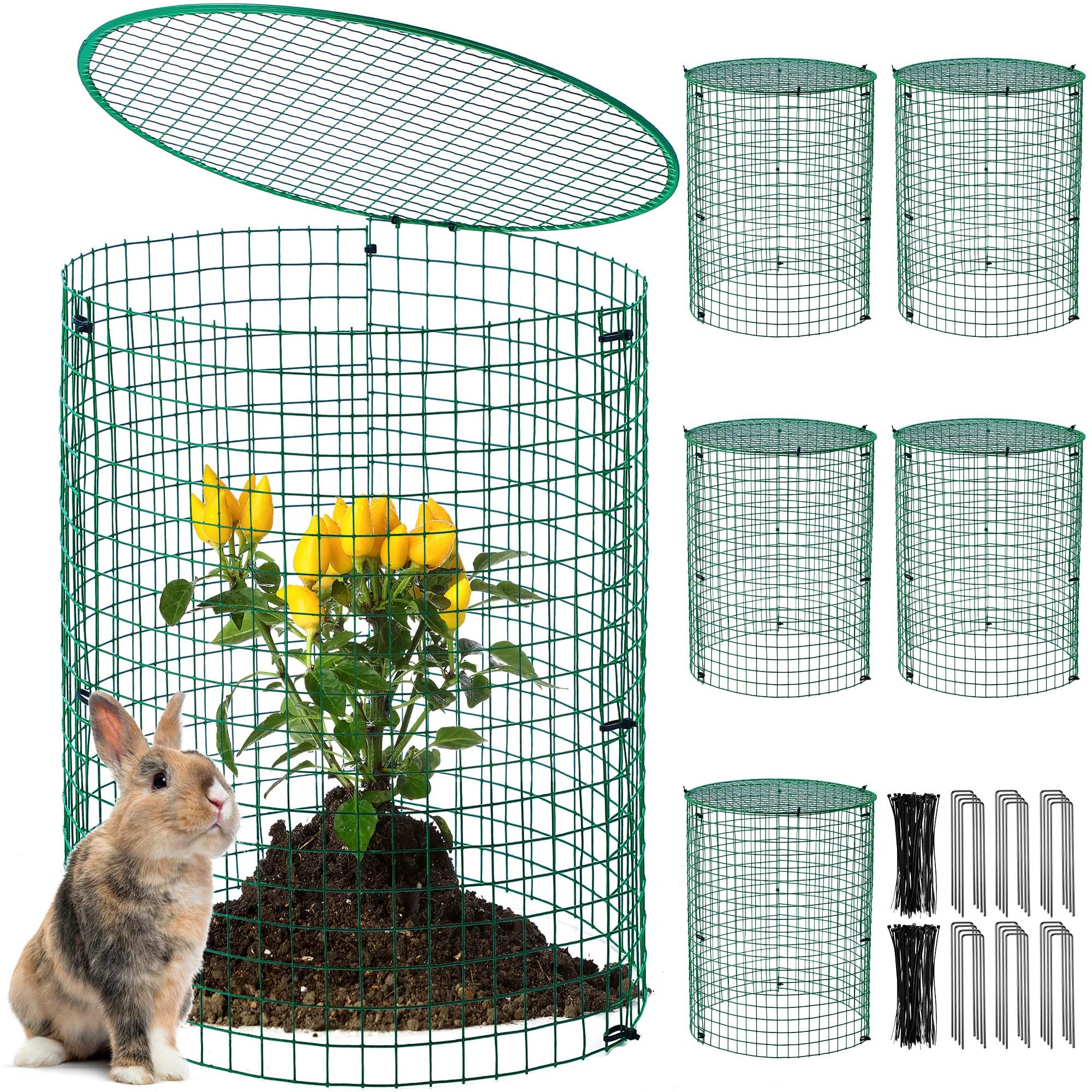 Photo 1 of Hiboom 6 Pack Garden Plant Protectors from Animals with Stakes, Metal Mesh and Detachable Covers Wire Plant Cage for Keeping Bunny Animals Out, Chicken Wire Cover Garden Protect (15.7 * 13 in)