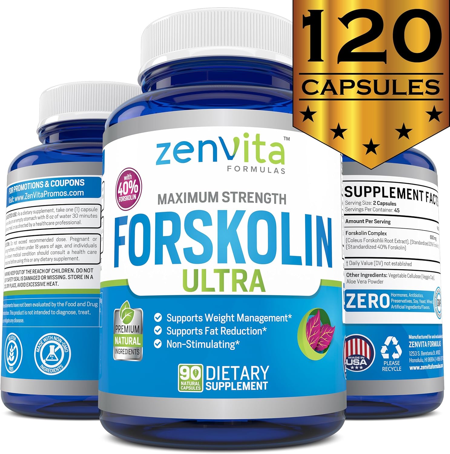 100% Pure Forskolin Extract 600mg - w/ 40% Standardized Forskolin for Maximum Strength Weight Loss | Effective Appetite Suppressant, Carb Blocker | Weight Loss Pills for Women & Men | 90 Capsules: Health & Personal Care