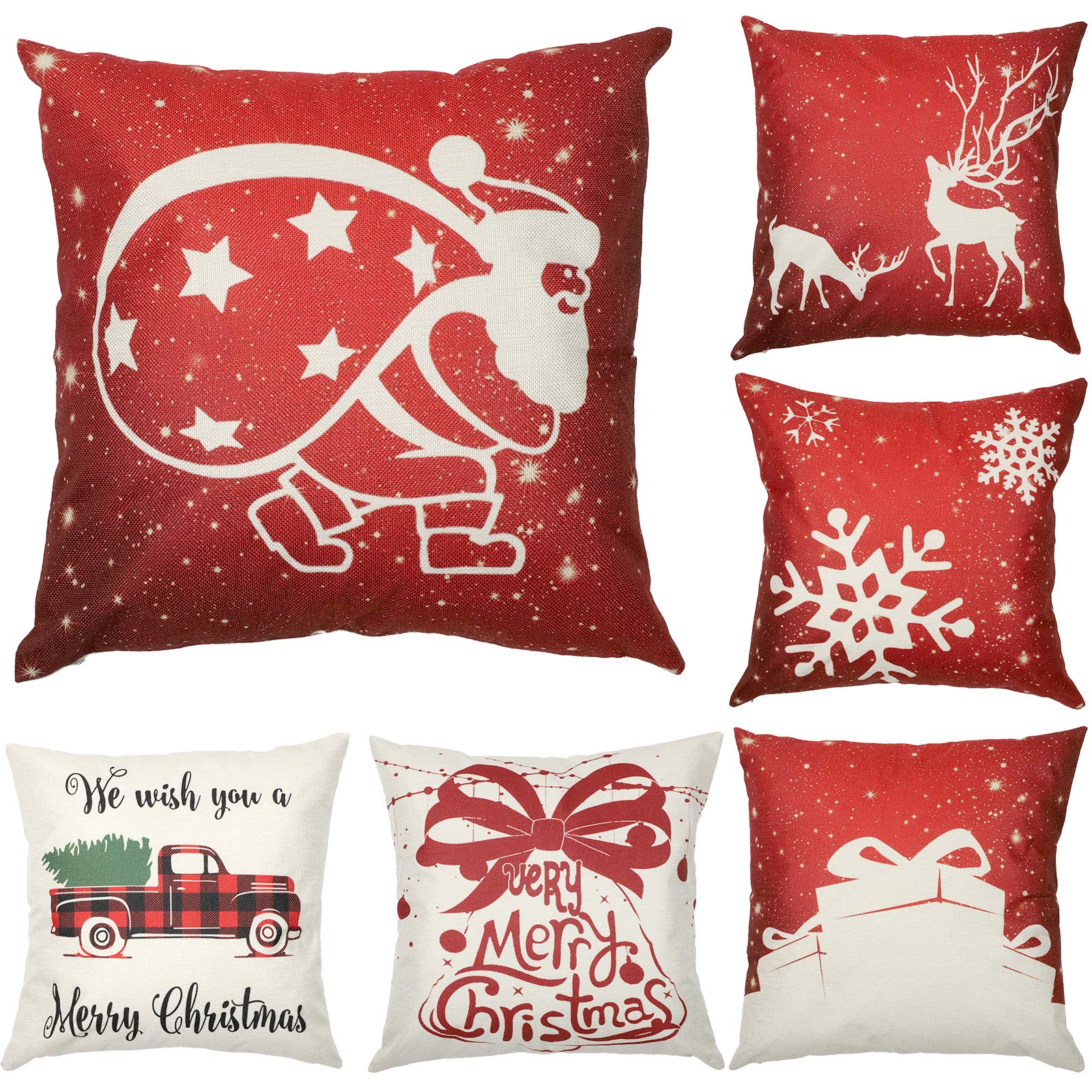 Christmas Cushion Covers Set of 6 45 x 45, Santa Xmas Pillow Cases, Elk Snowflake Pillow Covers for Winter Home Decoration (Christmas Red)