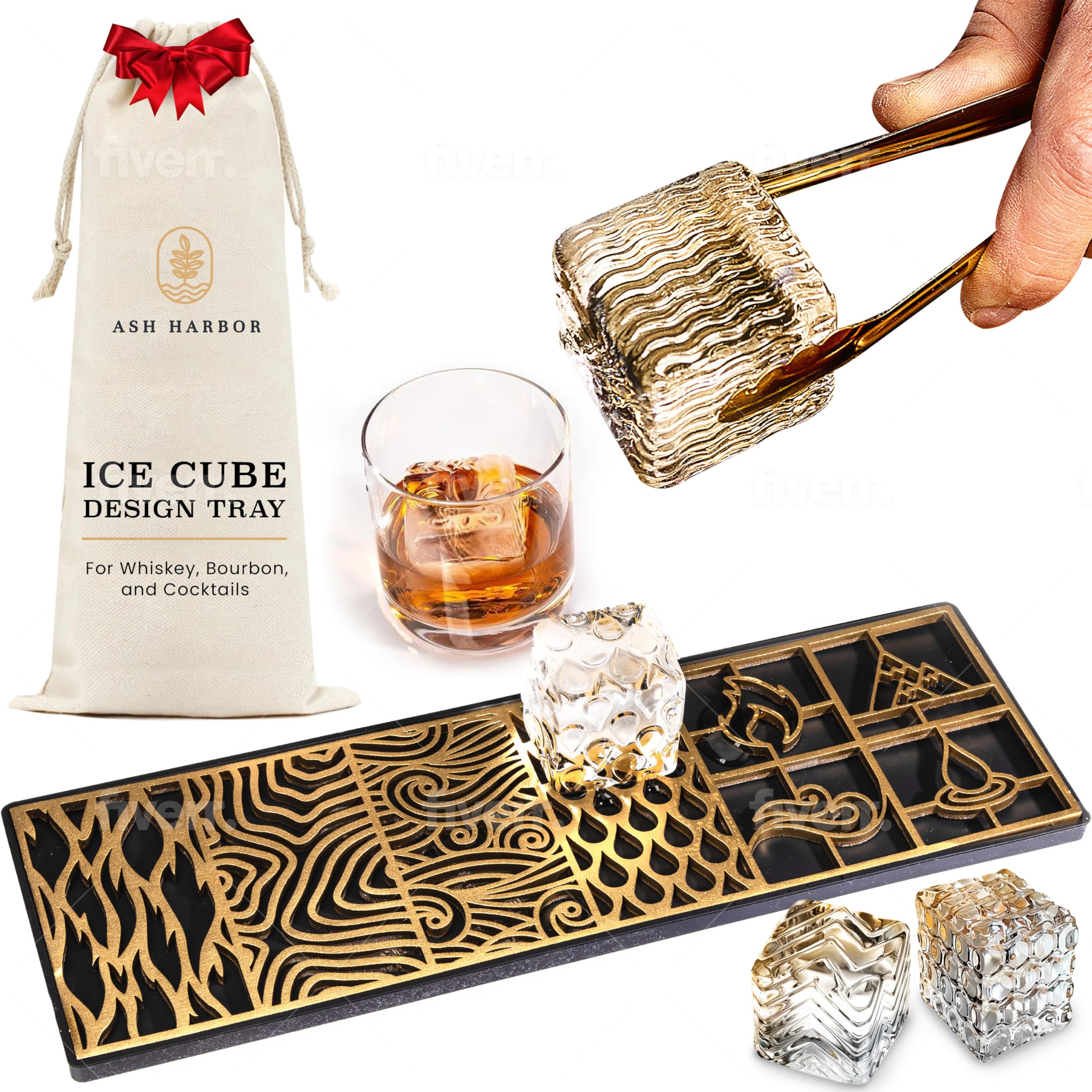 Ice Designer Tray – Craft Modern Ice Molds for Whiskey, Bourbon, & Cocktails in 5 Seconds – Whiskey Ice Mold Ice Cube Stamp – Bartender Accessories for Clear Ice Cocktails by Ash Harbor (Elements)