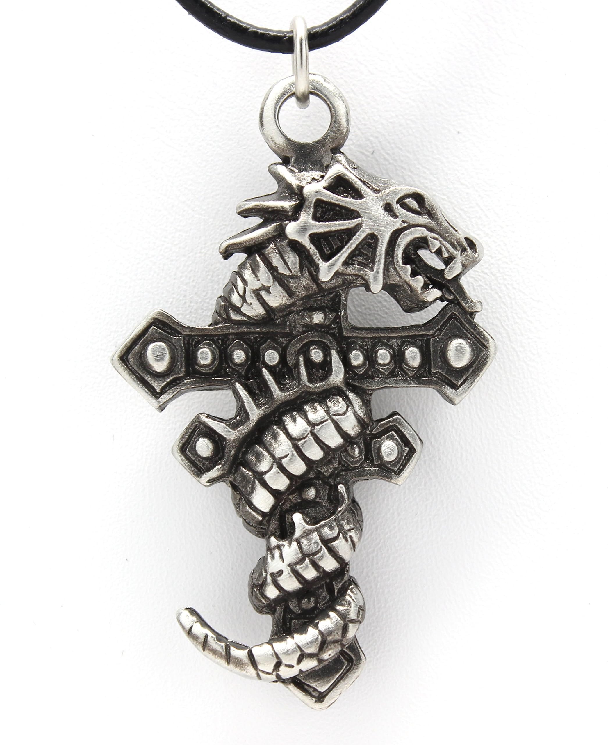 Pewter Gothic Dragon Wrapped Cross Pendant on Black Necklace Cord with Clasp