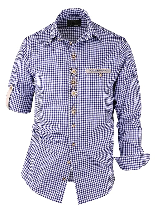 Moschen-Bayern Herren Hemd Trachtenhemd Karohemd Langarm Kurzarm Kariert Wiesn Hemd Oktoberfest Freizeithemd Trachten Blau