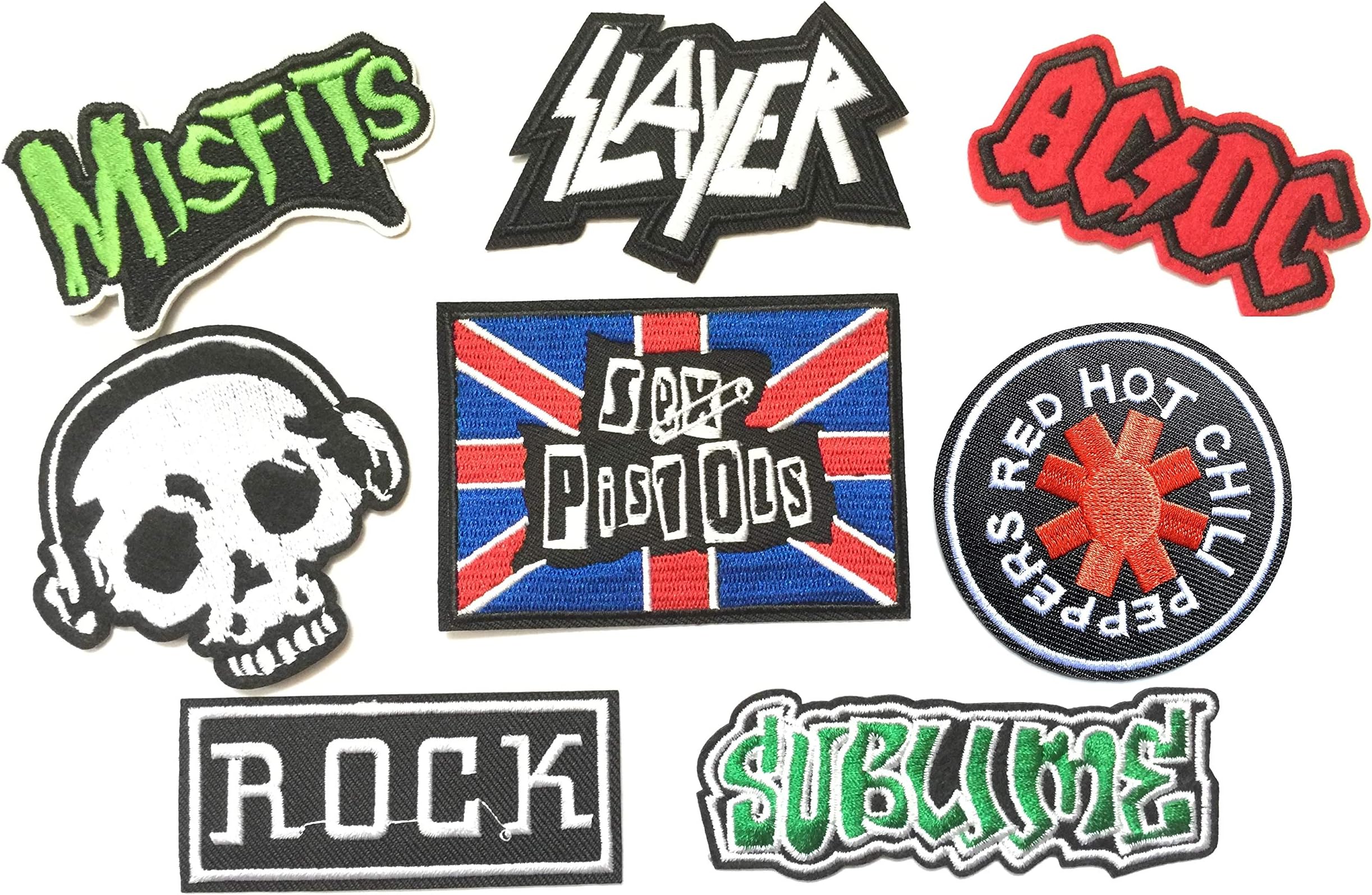 Set Patch of Iron on Band Patches#22,Rock Patch,AC DC ACDC Patch,Misfits Patch,Skull Patch,Sublime Patch,Slayer,Sex Pistols Patch, Red Hot Chili Peppers Patch Embroidered Iron by BossBee