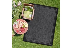 CAMILSON Indoor Outdoor Rug, 10x14 Bordered Dark Grey Black Modern Large Area Rugs for Indoor and Outdoor Patios, Kitchen and Hallway Mats, Washable Porch Deck Outside Carpet (Bordered Black, 10 x 14)