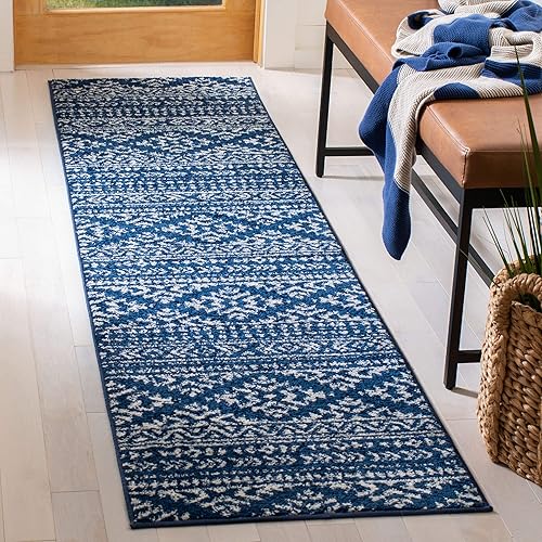 Safavieh Tulum Collection TUL272N Moroccan Boho Tribal Non-Shedding Stain Resistant Living Room Bedroom Runner, 2' x 11' , Navy / Ivory