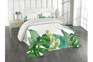 Lunarable Leaf Coverlet Set Queen Size, Watercolor Hand Drawn Style Print Panda Banana Fragipani Tropical Trees Exotic Leaves, 3 Piece Decorative Quilted Bedspread Set with 2 Pillow Shams, White Green