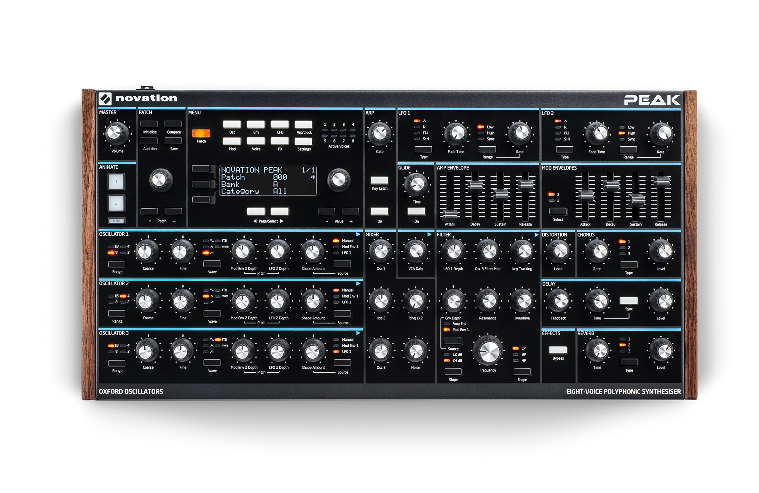 Novation Peak 8-Voice Desktop Polyphonic Synthesiser with 2 LFOs per voice, 16-slot modulation matrix, 3 analogue distortion points, and digital effects.