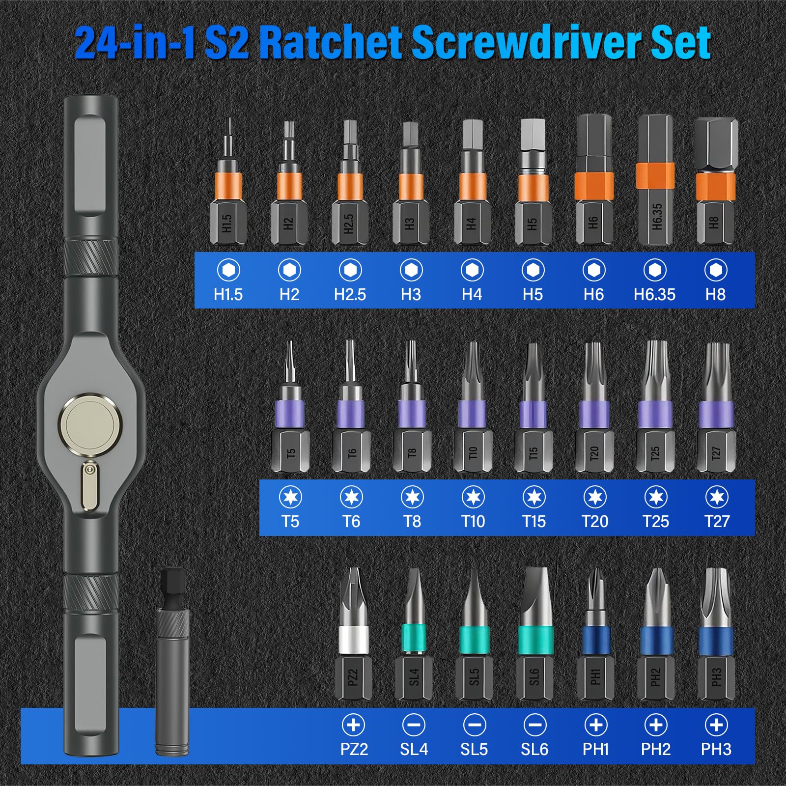 Koeutoze 24-in-1 Ratschenschraubendreher Set – Magnetic Screwdriver Set mit S2-Bits, Abnehmbarer T-Ratschengriff, Feinmechaniker Werkzeug Satz für Möbel, Fahrrad, PC-Reparatur, Kompakt & Tragbar 2