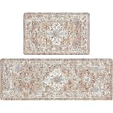 Pauwer Anti Fatigue Kitchen Mat Set of 2, Non Slip Rugs, Vintage Cream Tan | Cushioned, PVC, Memory Foam, Waterproof, Farmhouse, Comfort Padded Standing Mats for Floor, Sink, Laundry, Desk Office