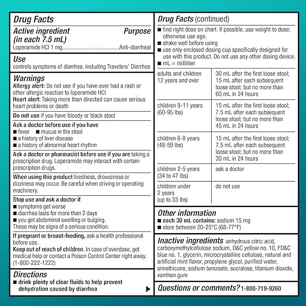 AMAZON BASIC CARE LOPERAMIDE HYDROCHLORIDE ORAL SOLUTION, 1 MG PER 7.5 ML, ANTI-DIARRHEAL MEDICINE, ANTI-DIARRHEA MEDICINE FOR KIDS AND ADULTS 12 YEARS AND OVER, MINT, 8 FLUID OUNCES (PACK OF 1)