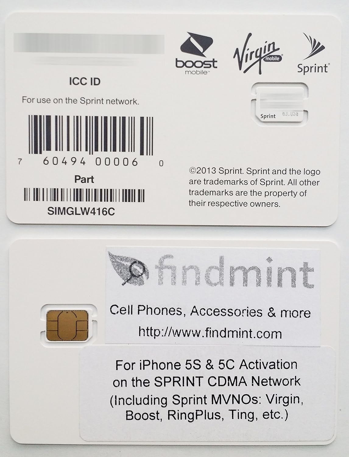 Sprint Boost Virgin Mobile iPhone 5s & 5c Nano SIM Card ICCID