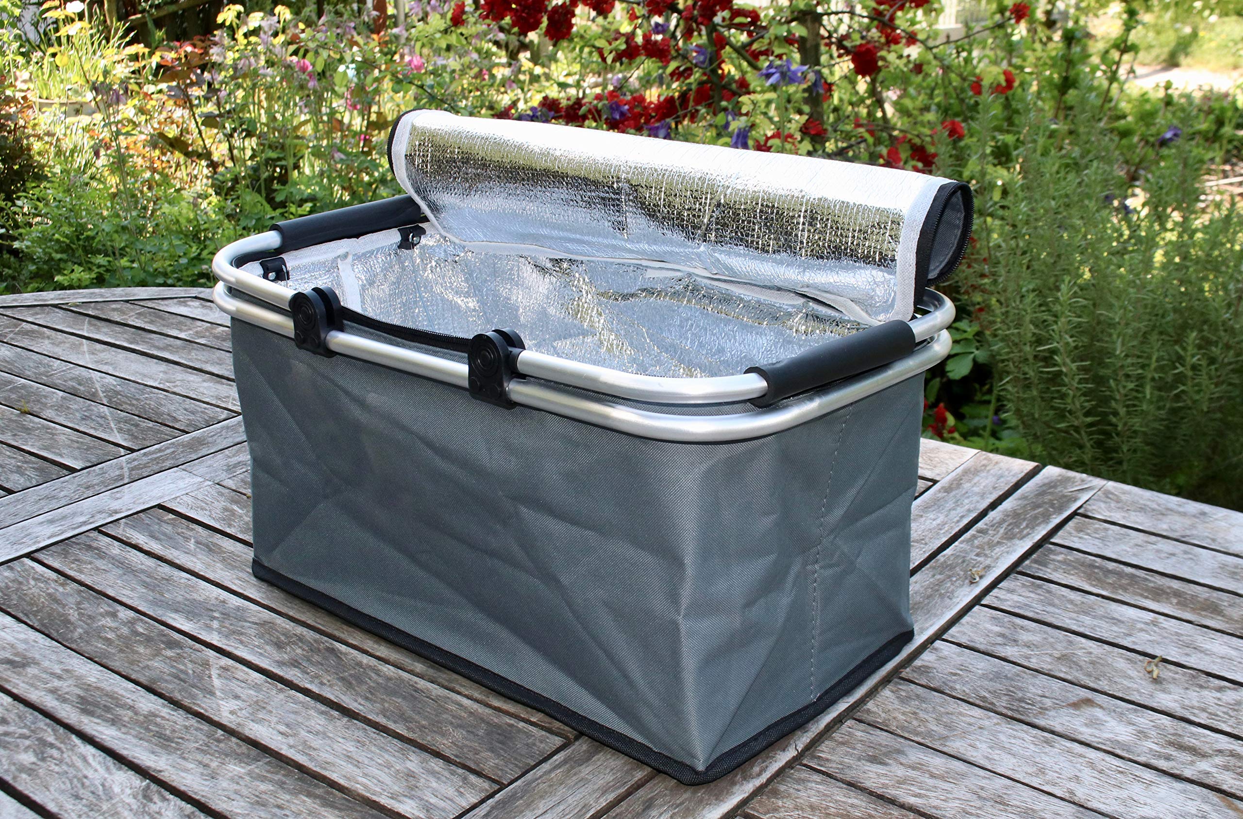 Cesta termica aislada, Plegable y Resistente Porta Alimentos con Asas de Aluminio MY Thermo Basket TO GO, Capacidad 28 litros, para Picnic, Playa, Barbacoa, con pies en la Parte Inferior Color Gris