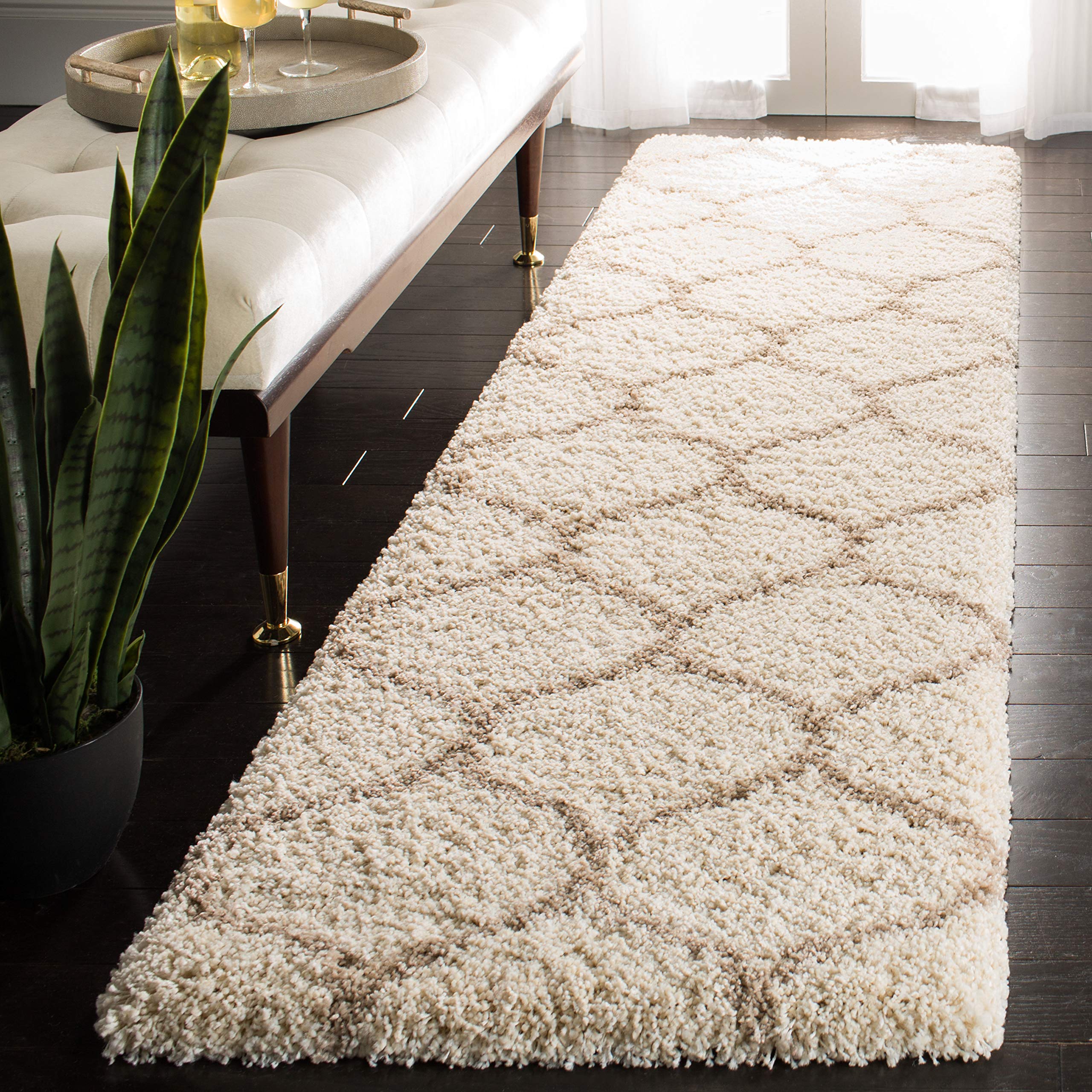 SAFAVIEH Hudson Shag Collection Runner Rug - 2'3" x 22', Ivory & Beige, Trellis Design, Non-Shedding & Easy Care, 2-inch Thick Ideal for High Traffic Areas in Living Room, Bedroom (SGH280D) Image