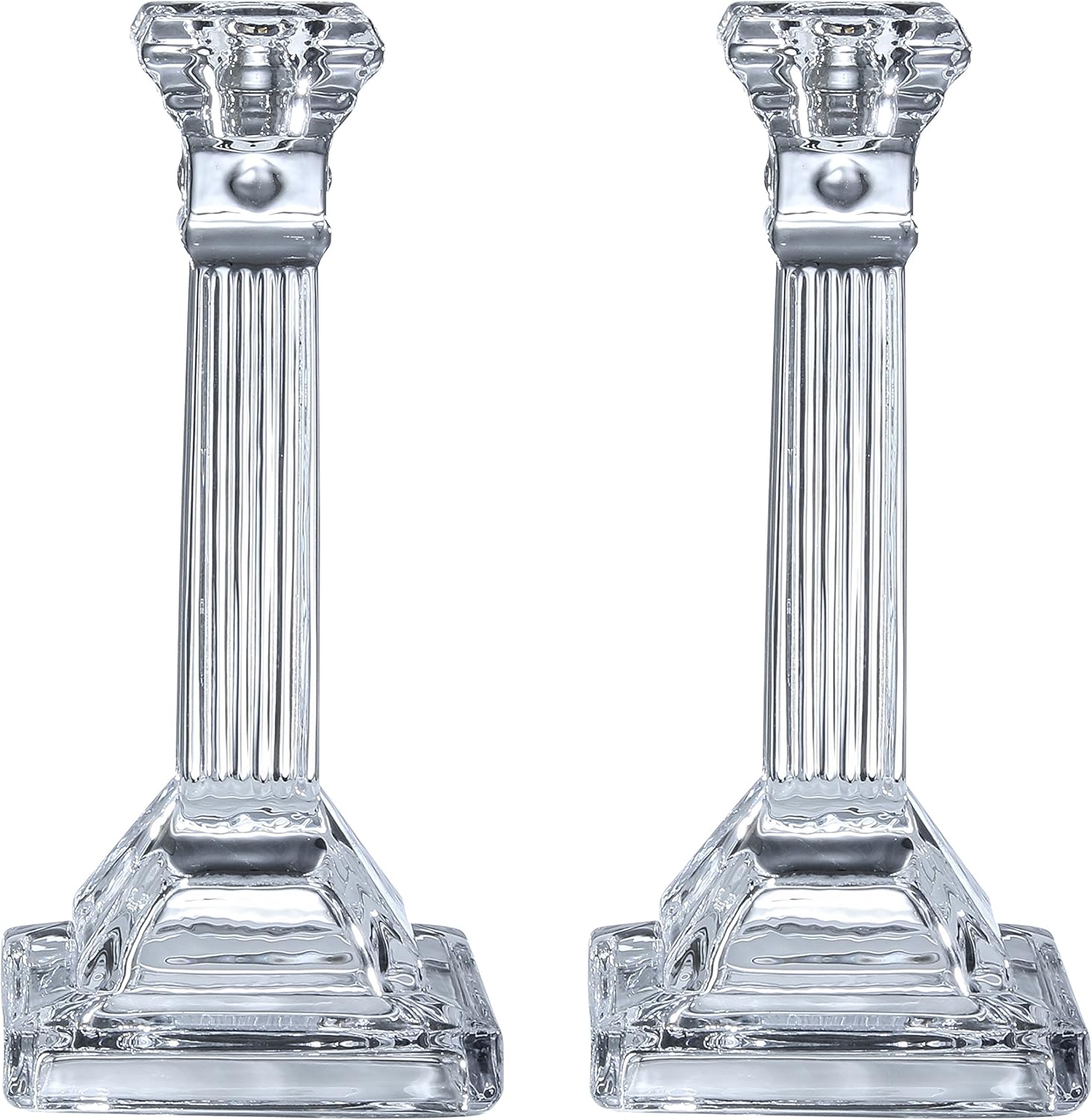 Tall Crystal Candlesticks 2 Pack Set Pair of 8 Inch Square Base Fluted Design Candle Holders