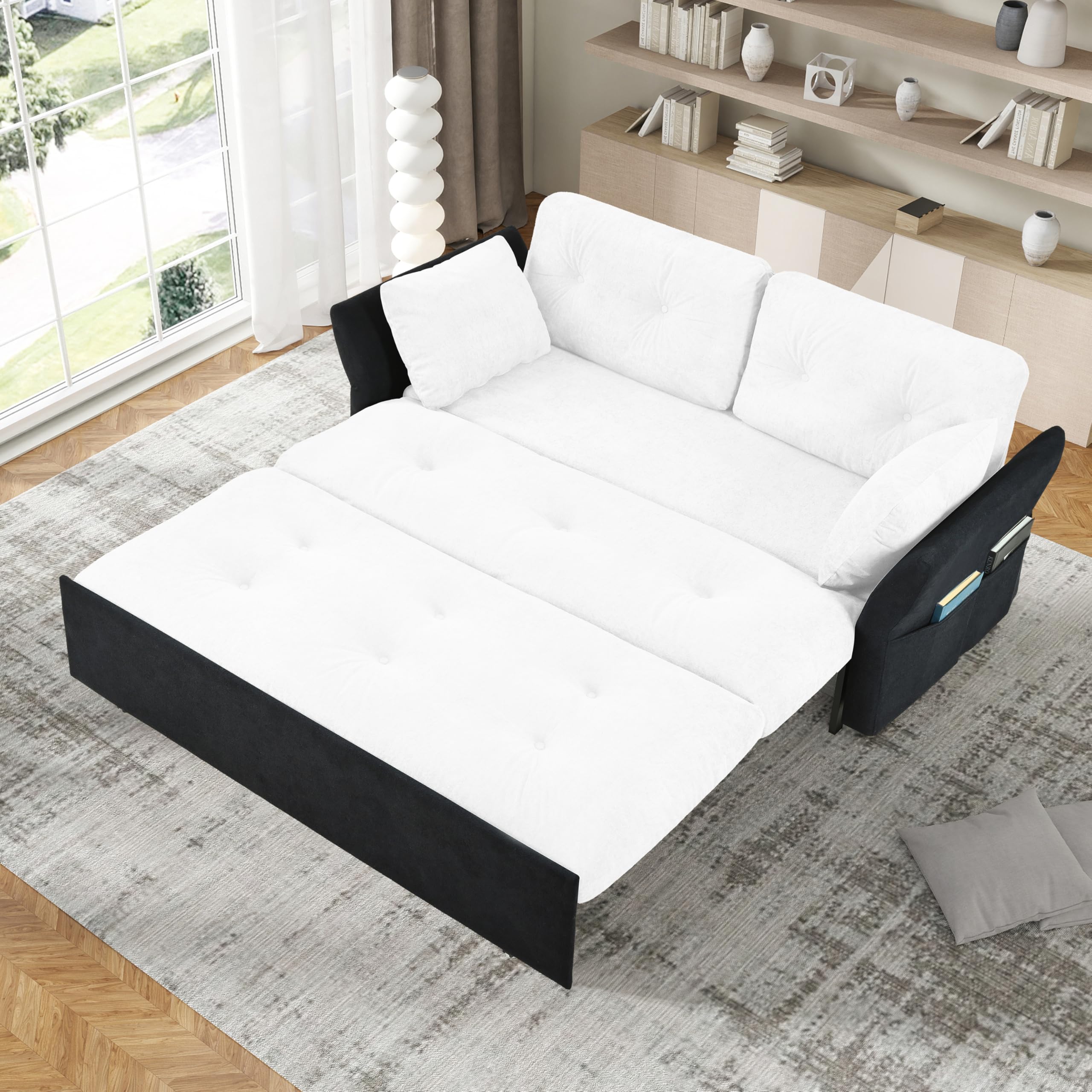 View 1 of 74" Oversized Convertible Loveseat Pull Out Sleeper Sofa Bed Queen Size , Tufted Chenille Futon Love Seat Lounger Sofabed Daybed with Adjustable Armrest and Side Pockets for Living Room Apartment