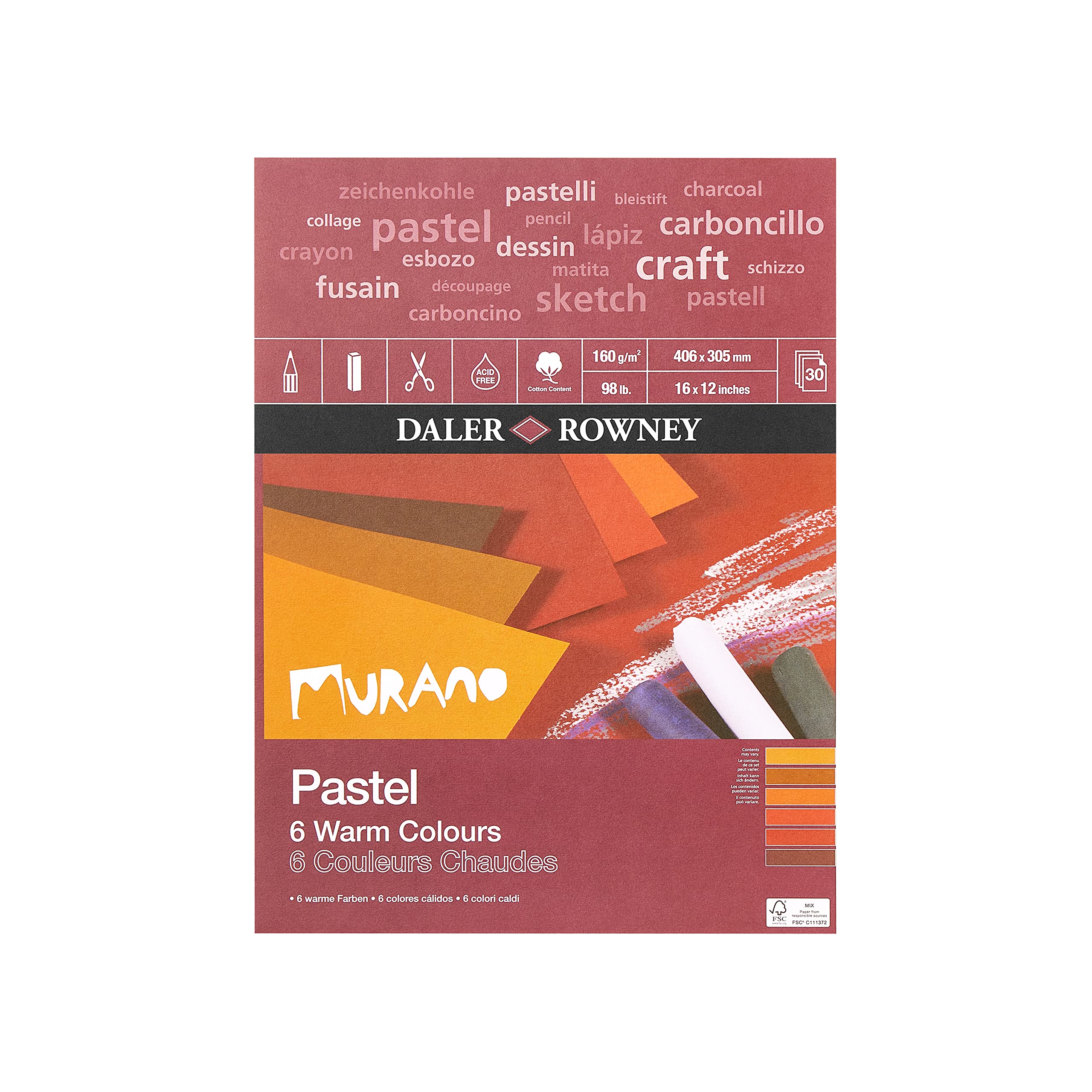 Daler-Rowney Murano 160gsm 16 x 12in Pastel Paper Pad, Honeycomb Texture, Glued 1 Side, Cotton Content, 30 Warm Colours Sheets, Ideal for Professional Artists & Students