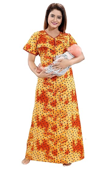 Women's Cotton Feeding/Maternity Nighty (LTC0062, Yellow, Large)