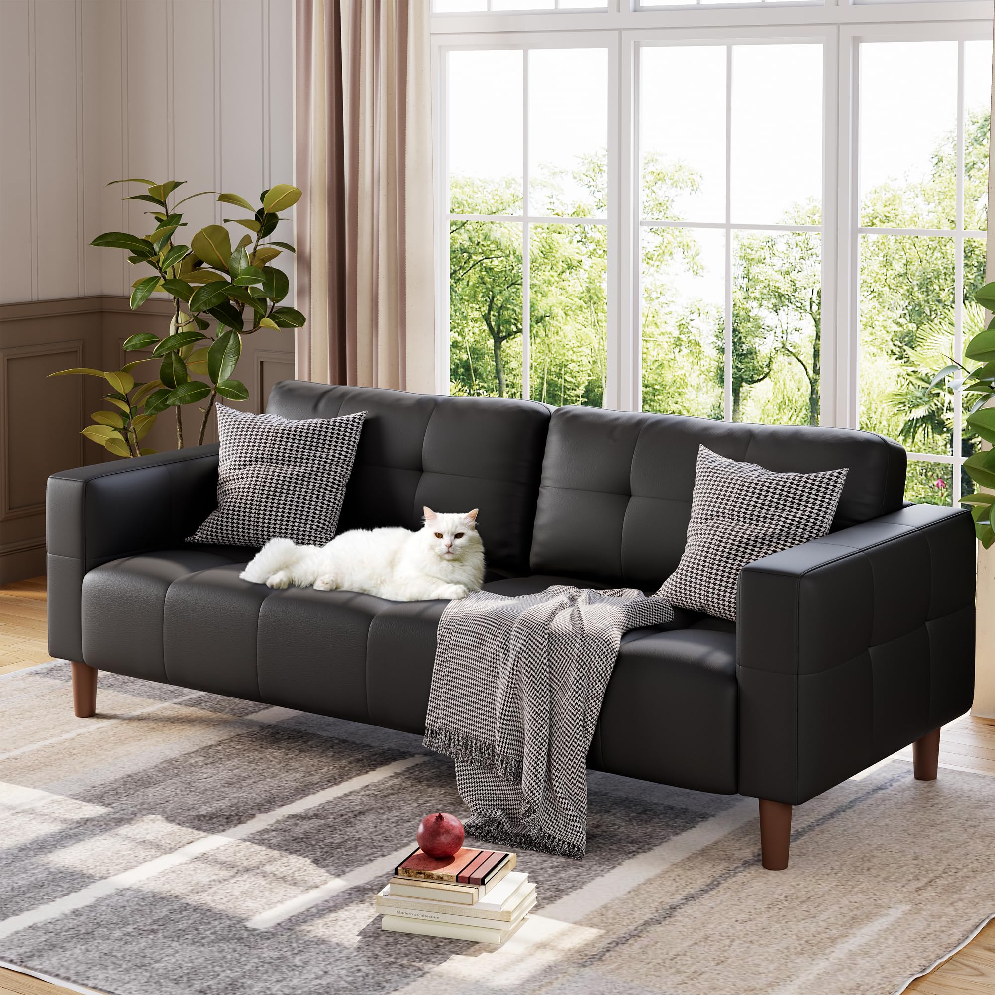 Photo 1 of GarveeHome 3-Seater Sofa Couch, 83" Wide Faux Leather Sofa Couch with Spring Cushion, Modern Sofa with Deep Seats and 2 Removable Back Cushions, for Living Room, Apartment, Office, Modern Black