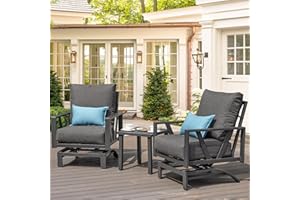 COMLAX FIELD Outdoor Patio Porch Furniture Set, 3 Pieces Patio Bistro Conversation Set with Coffee Table, Metal Patio Motion Rocker Chairs, Grey